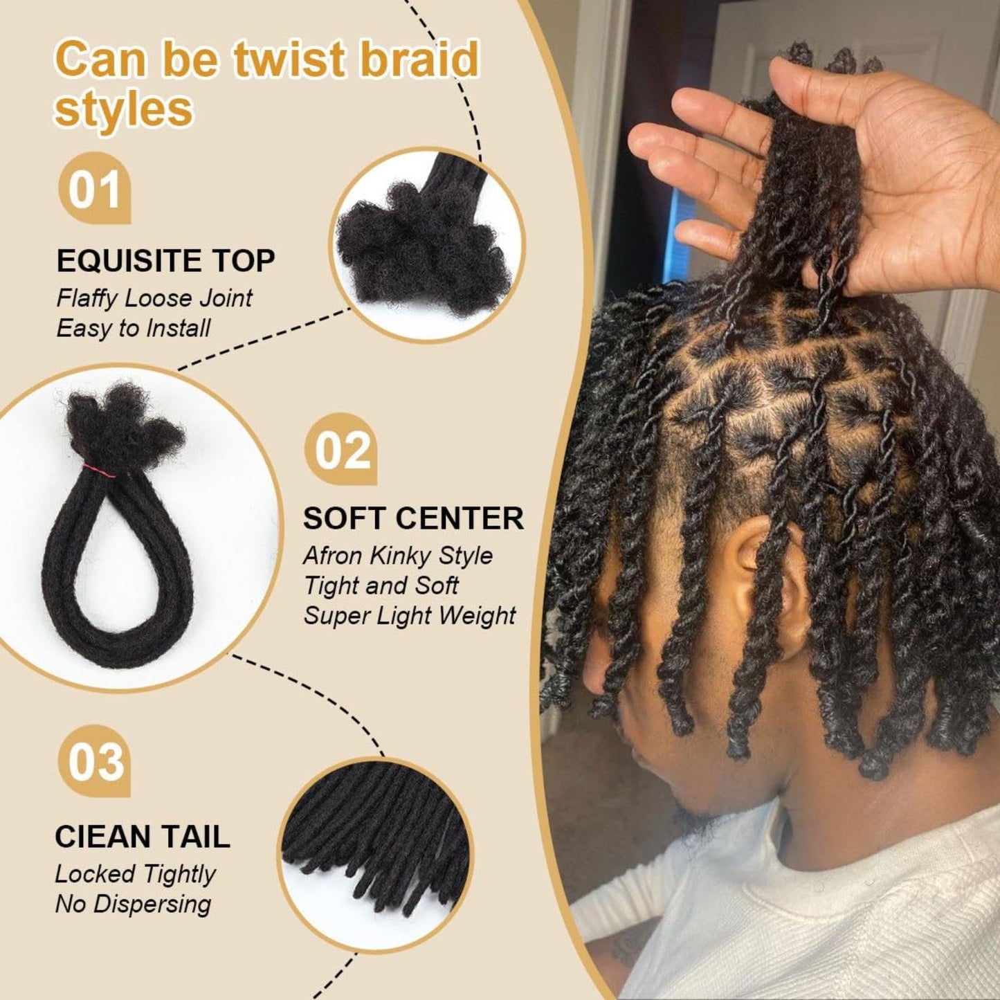 0.6cm Thickness 8 Inch 30 Strands 100% Real Human Hair Dreadlock Extensions for Man/Women Permanent Loc Extensions Bundles Can Be Dyed Bleached Curled and Twisted