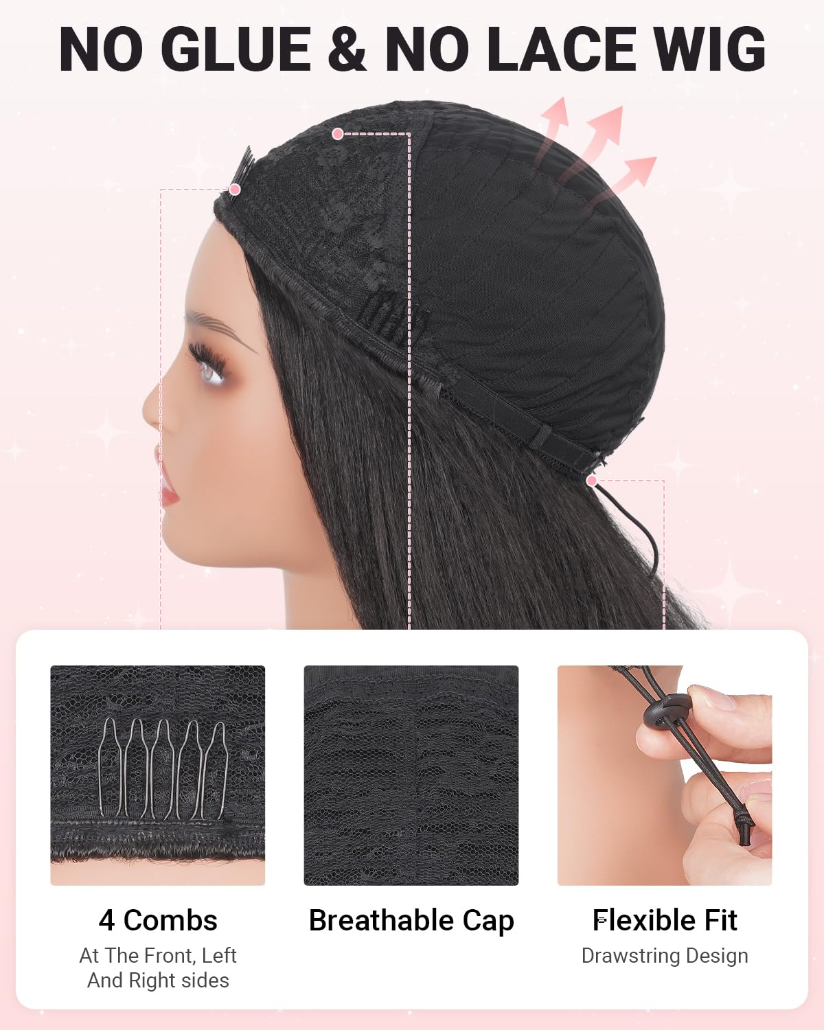 Kinky Straight Half Wig 3 In 1 Synthetic Half Wigs With Adjustable Drawstring Soft As Human Hair Glueless Seamless Flip Headband Wig For Black Women (Black, 22 Inch)