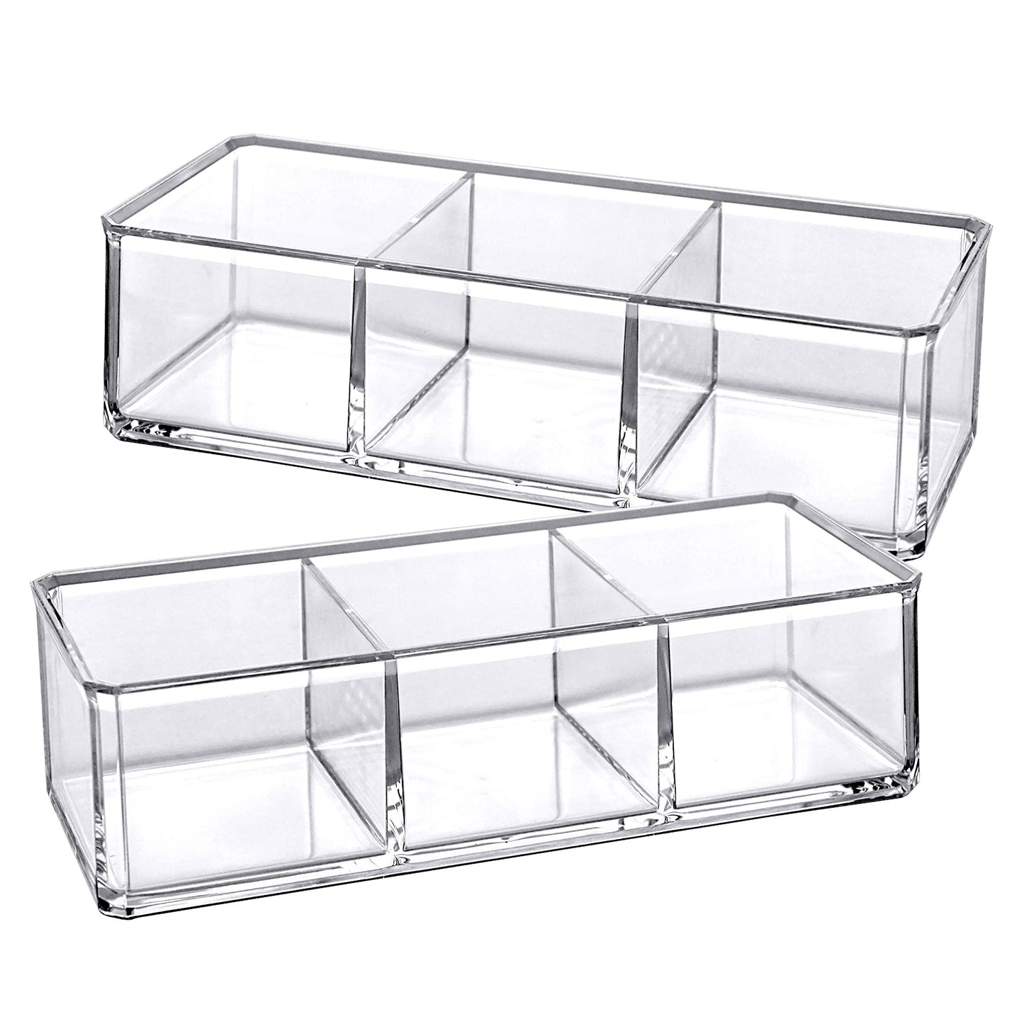 Amazing Abby - Glamour - 2-Pack Acrylic 3-Compartment Makeup Organizer, Transparent Plastic Lipstick Holder, Perfect Bathroom Vanity Storage Solution for Lipsticks, Nail Polishes, and More