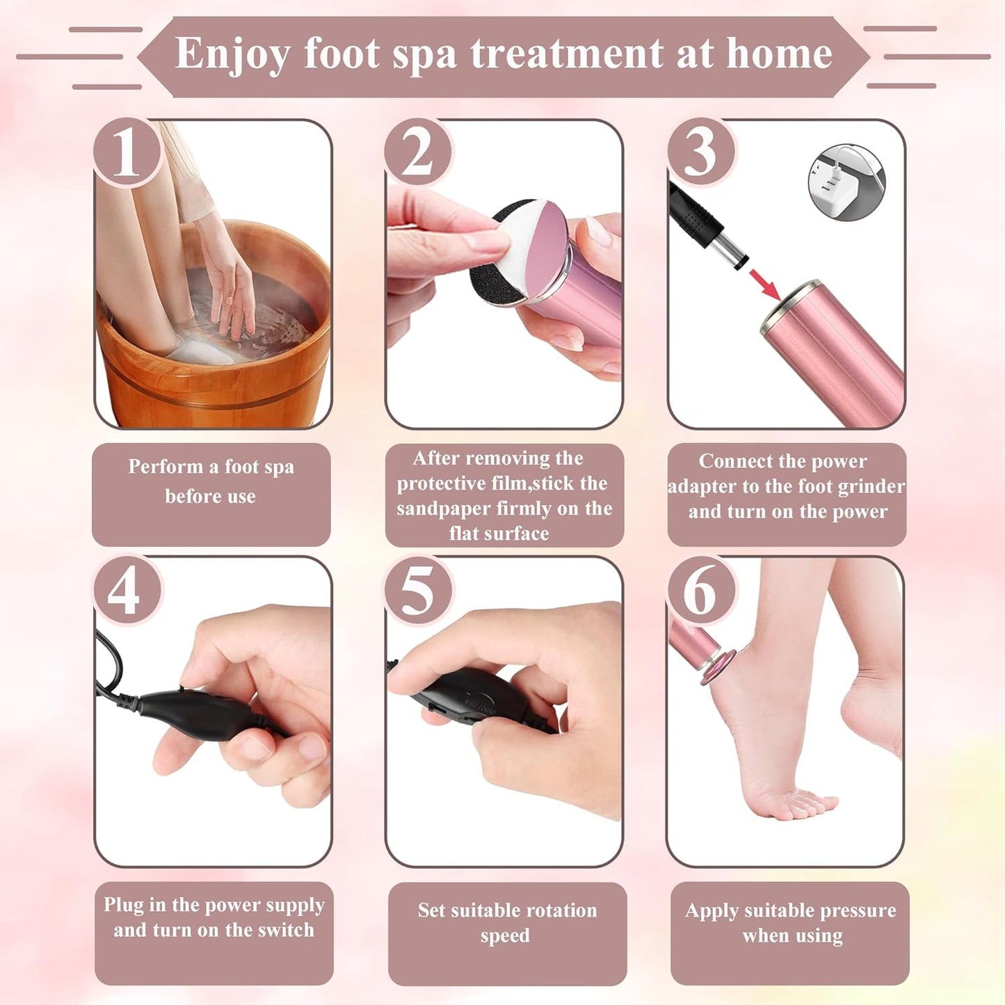 Electric Callus Remover - USB Powered Foot File with Speed Controller & 60 Replacement Sandpaper Disks | Pink