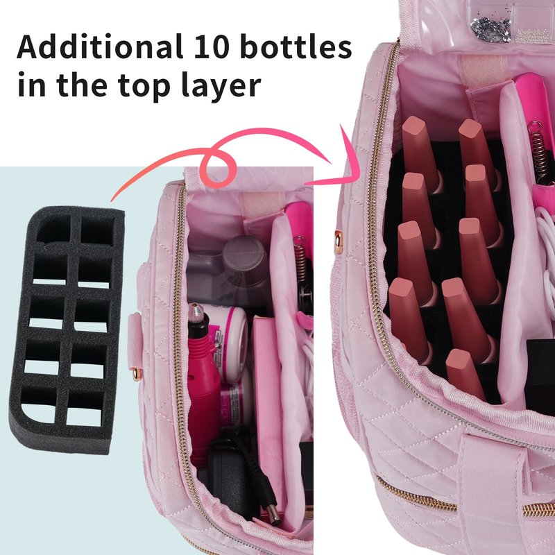 VOFIpremiAm Nail Polish Organizer Case Fits 1 Nail Lamp and 50 Bottles,Waterproof Nail Organizers and Storage with Side Pockets for Nail Polish Remover,Manicure Tools (Patented,Bag Only)-Pale Pink