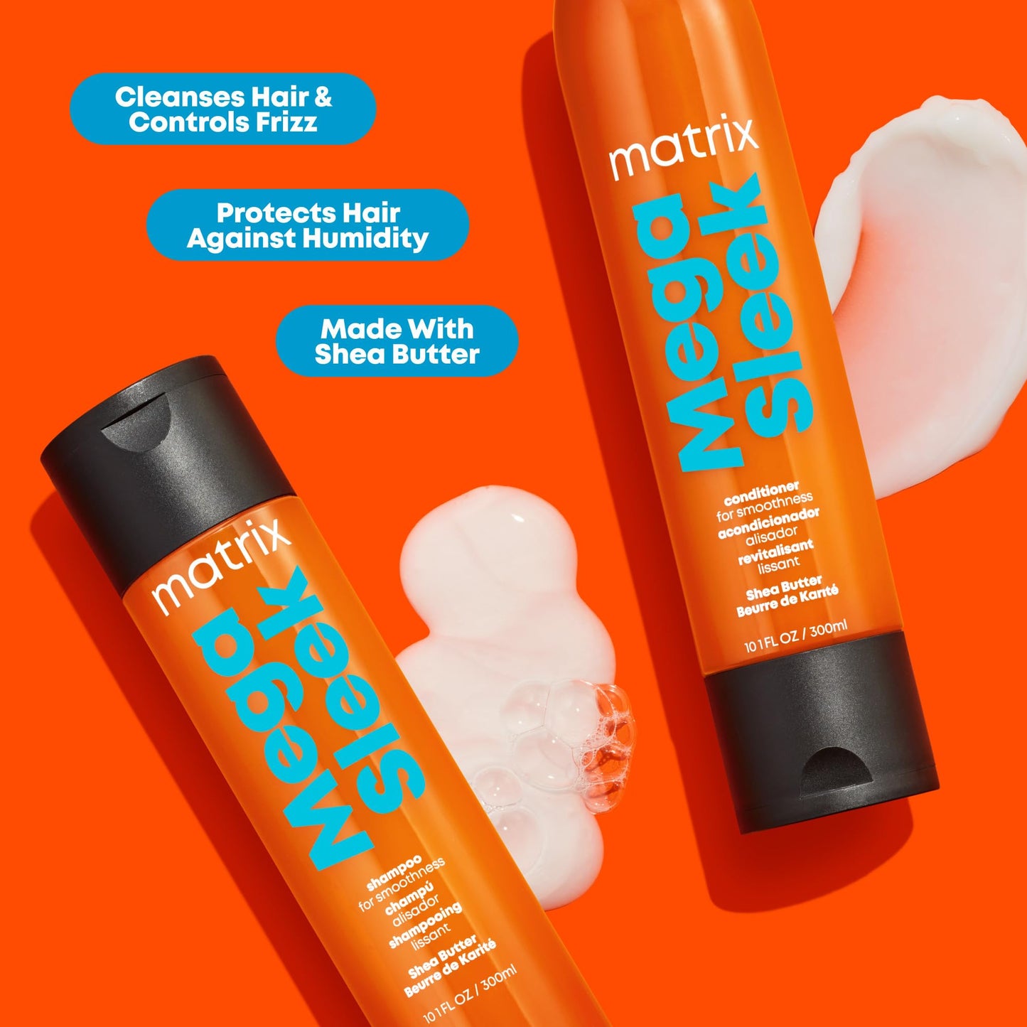 Matrix Mega Sleek Shampoo - Anti-Frizz Moisturizing Shampoo, Smoothing and Detangling, For Dry & Damaged Hair, Salon Professional Formula, With Shea Butter, Vegan, 10.1 FL Oz