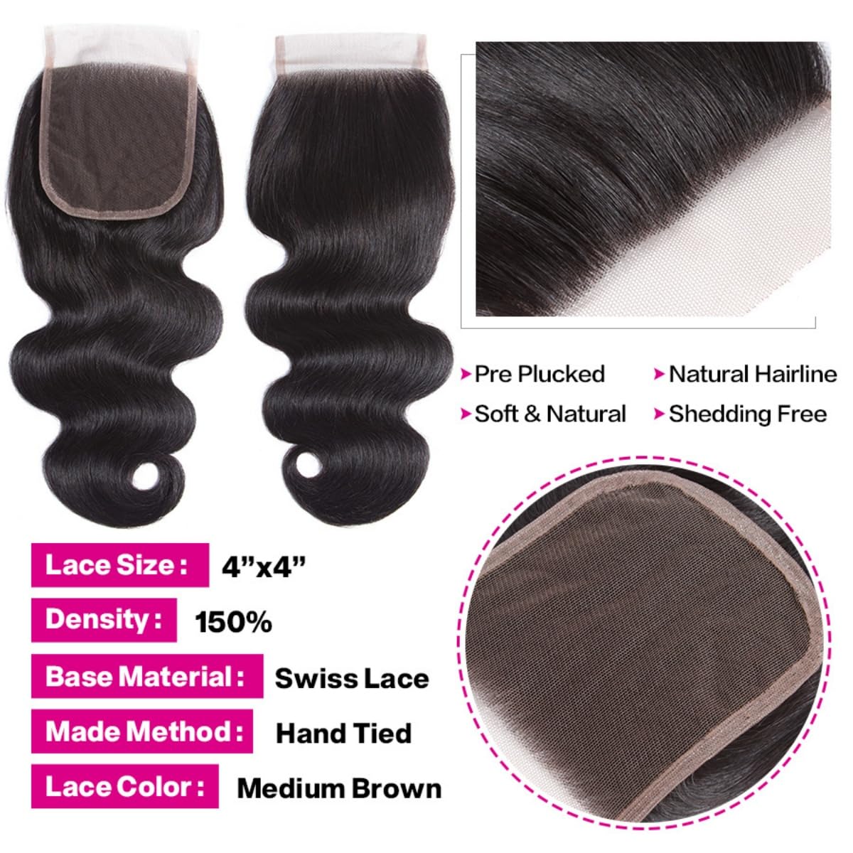 DreamPack Bundles with Closure Human Hair Body Wave Bundles Human Hair with 4x4 Lace Closure 100% Unprocessed Virgin Hair Extensions Natural Color (8" 8" 8" + 8" Closure)