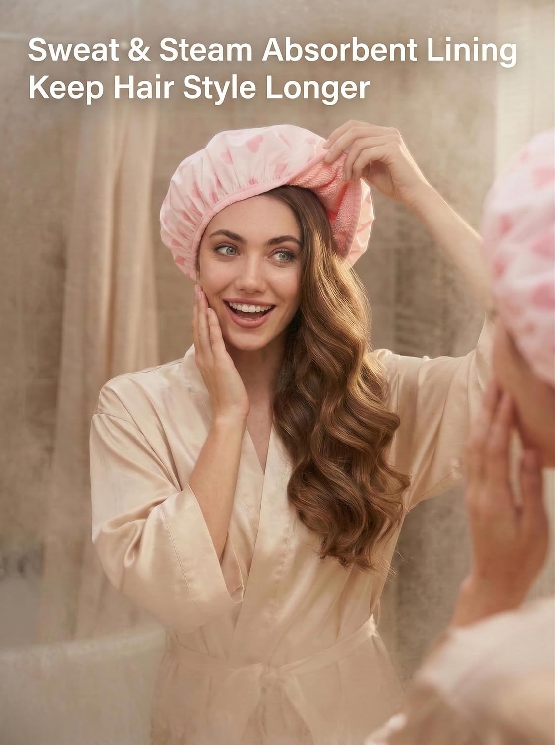 Auban Shower Cap - Reusable Waterproof Terry Cloth Lined Bath Cap | Large Size - Pink