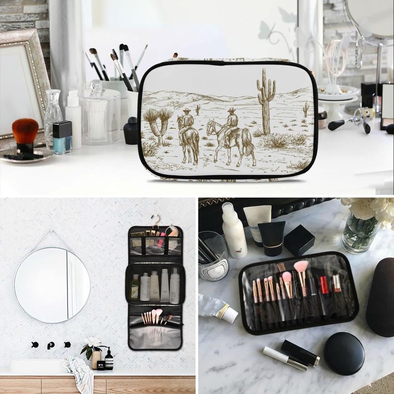 Travel Toiletry Bag Set - Water-Resistant Cosmetic Organizer for Women | 3-Piece Western Desert Cowboys Design