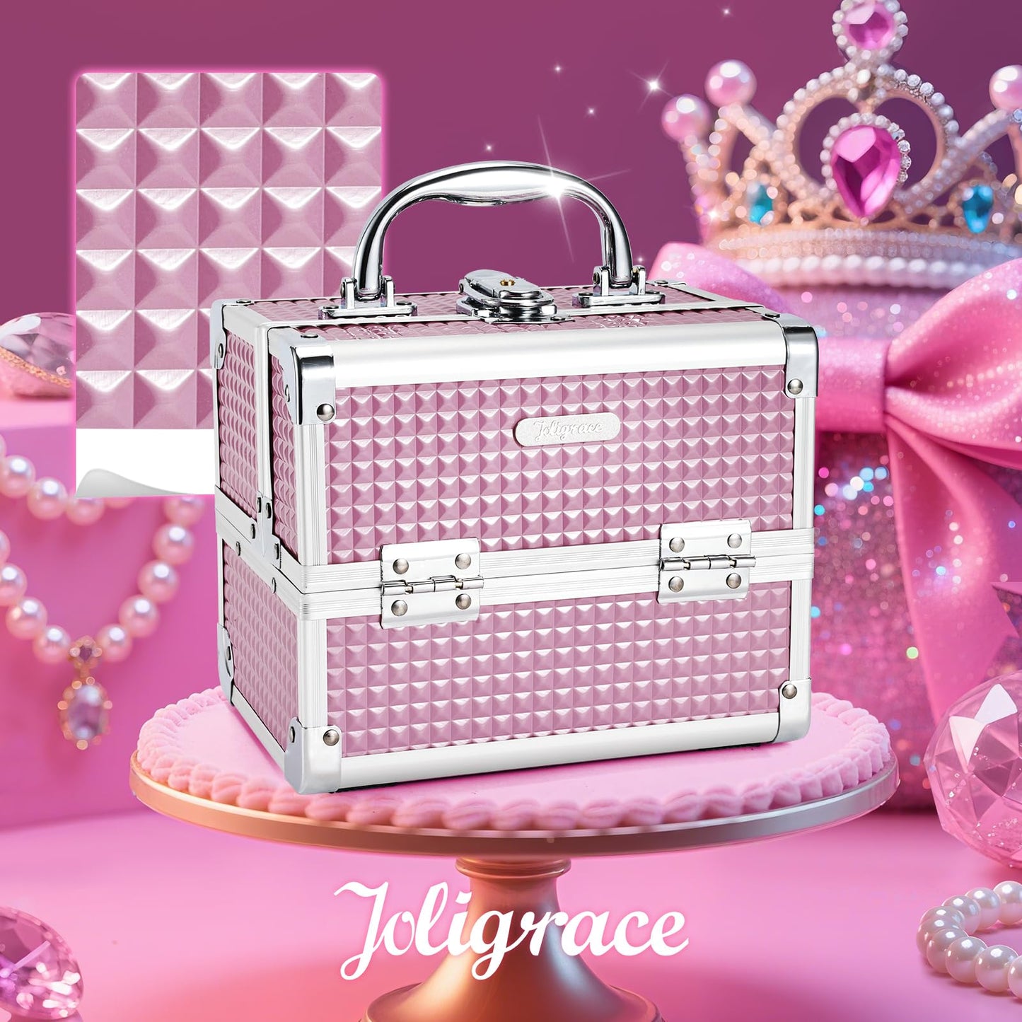 Joligrace Makeup Case Portable Makeup Box Travel Train Case Cosmetic Case Organizer with 2 trays Mirror Locking Make Up Storage Vanity Craft Nail Case Traveling Cosmetic Box for Girls Pink