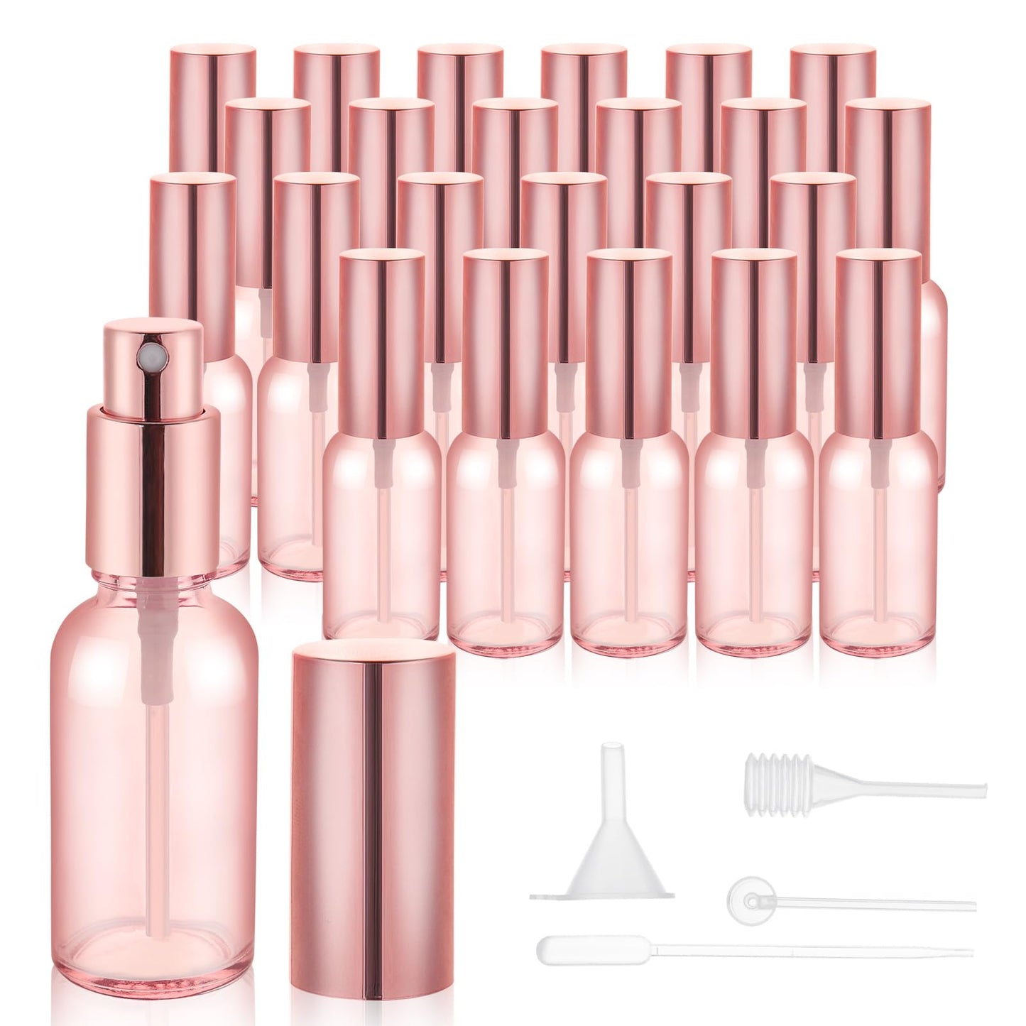RAMFIYN 24 pack 1oz Pink Glass Spray Bottles Refillable Empty Perfume Pump Sprayer Mini Pink Fine Mist Atomizer with Rose Gold Lid for Body Essential Oils