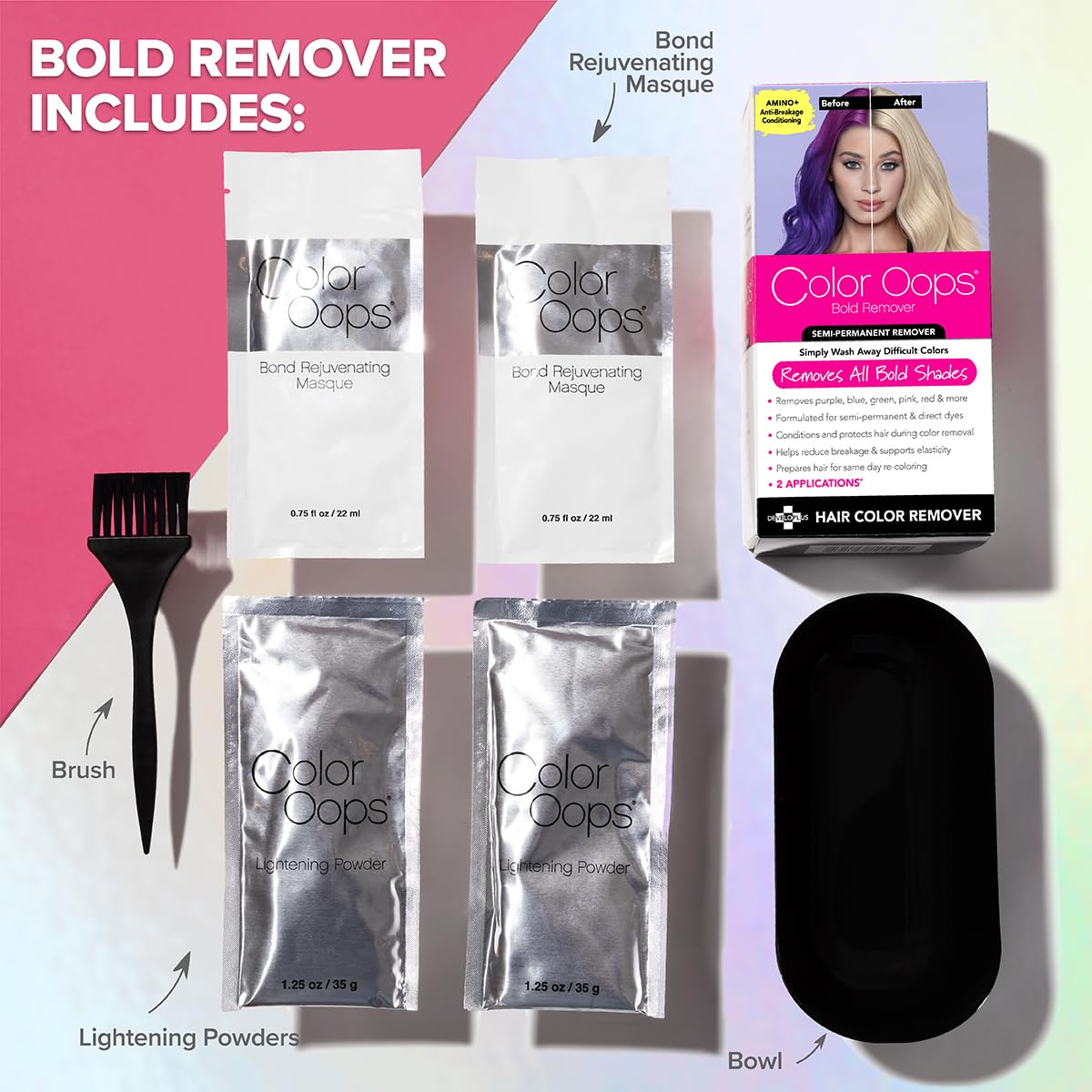 Color Oops Bold Remover, 2 Applications, Hair Dye Remover Safely Removes Direct Dyes and Semi Permanent Hair Color, Recolor The Same Day, Vegan & Cruelty Free