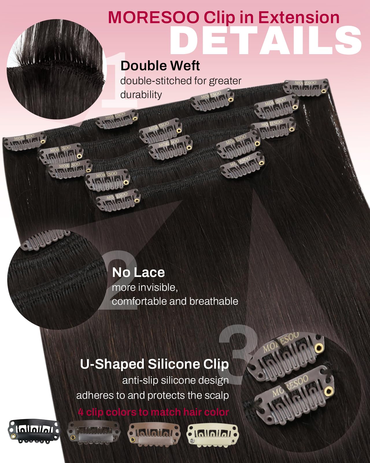 Moresoo Short Human Hair Clip in Extensions Brown Double Weft 10 inch Clip in Hair Extensions for Women Dark Brown #2 5pcs 80g