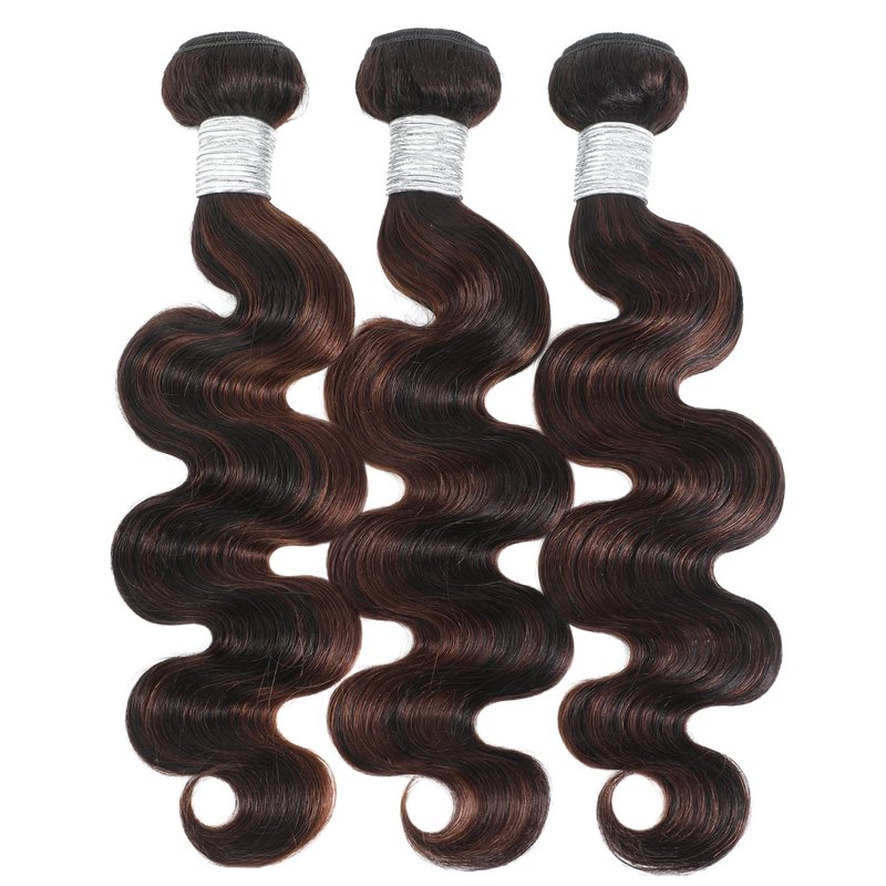 AUROO 12A Brown Body Wave Bundles Human Hair, 100% Virgin Brazilian Real Hair Wavy Weave Color #F2/4 Rich Dark Brown with Chestnut Ombre Highlights Human Hair Single Bundles Thick Track Sew in 14 Inch