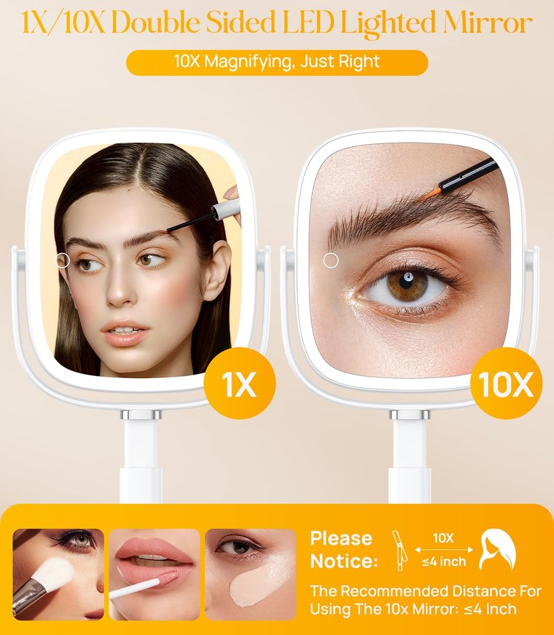 Lighted Makeup Mirror with 10X Magnification - Adjustable Height, 3 Color Modes, 4000mAh Battery | Large Surface for Bedroom or Bathroom - White