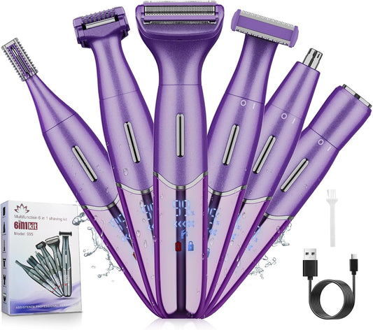 Electric Razor for Women - 6-in-1 Bikini Trimmer & Shaver for Body, Face, Eyebrow Hair Removal | IPX5 Waterproof