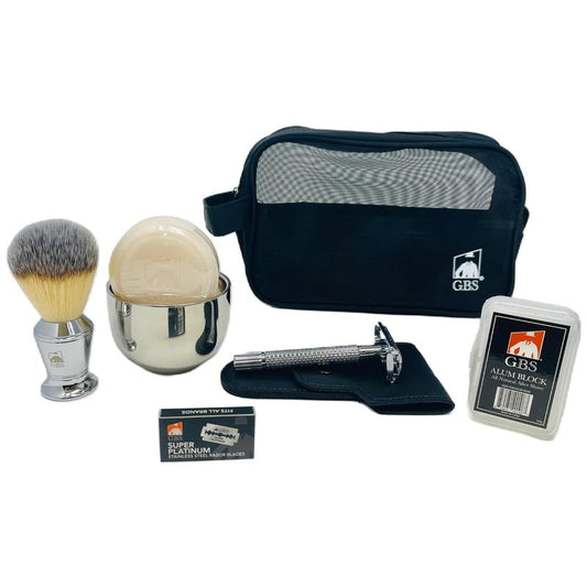 Men's Deluxe Travelling Kit - Butterfly Double Edge Safety Razor, Chrome Brush & Natural Soap | Complete Shaving Set