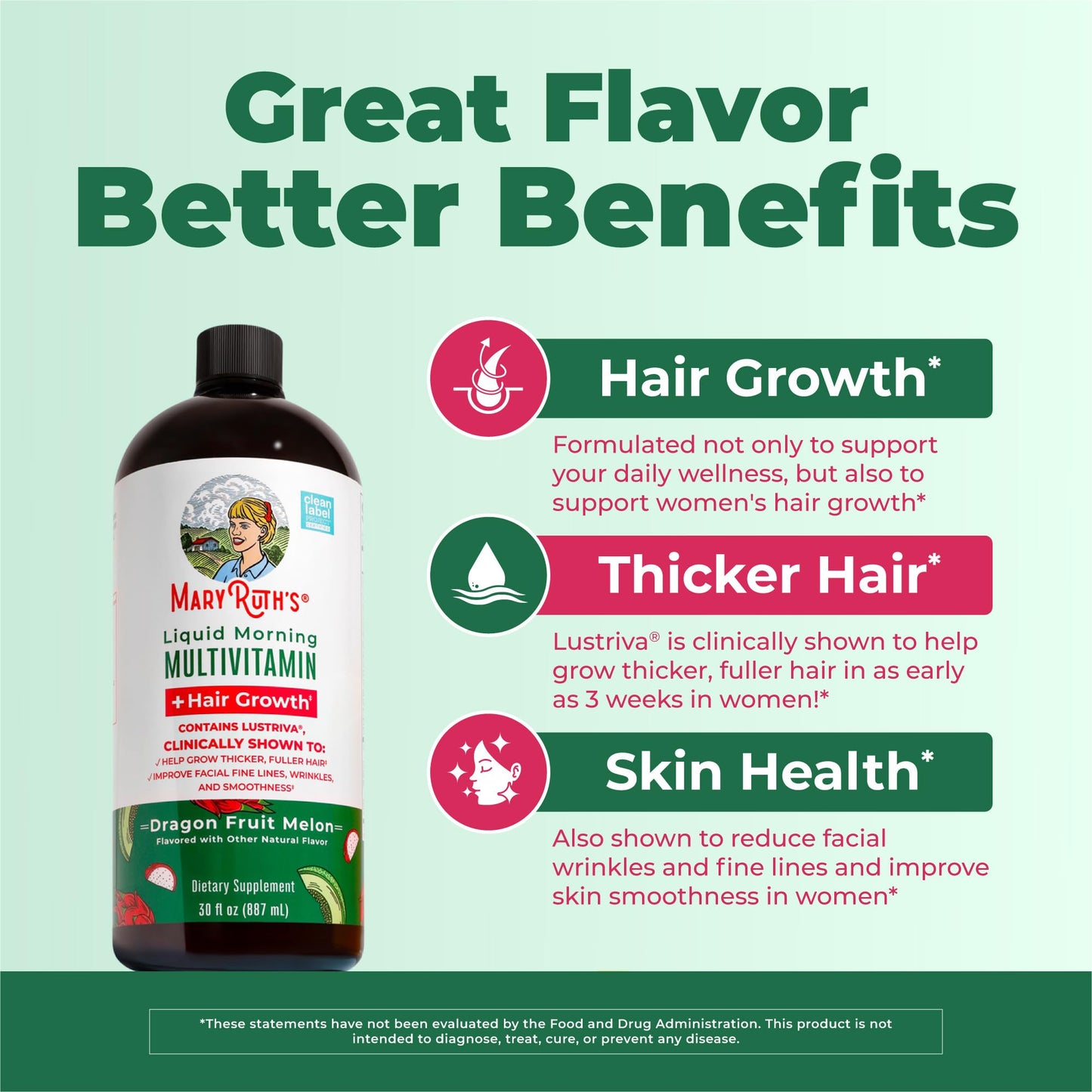 MARYRUTH'S Liquid Multivitamin + Hair Growth | Clinically Tested in Women for Thicker Hair & Facial Wrinkles | Biotin 10000mcg | Lustriva Hair Growth Supplements | Skin Care | Ages 18+ | 30 Fl Oz