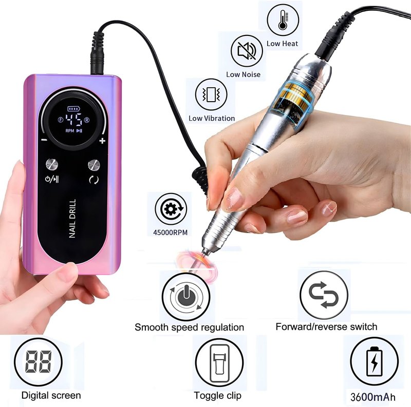 Electric Nail Drill Machine - 45000RPM Rechargeable Portable File with Smart LCD Screen for Gel Manicure & Pedicure | DIY Kit