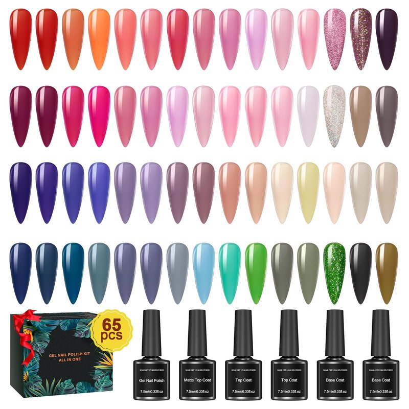 60 Pcs Gel Nail Polish Set 55 Nude Colors Nail Poilsh Kit with Base Matte & Glossy Top Coat Glitter Nail Polish Professional Manicure Kit Nail Supplies for Women Starter Nail Art Salon DIY at Home