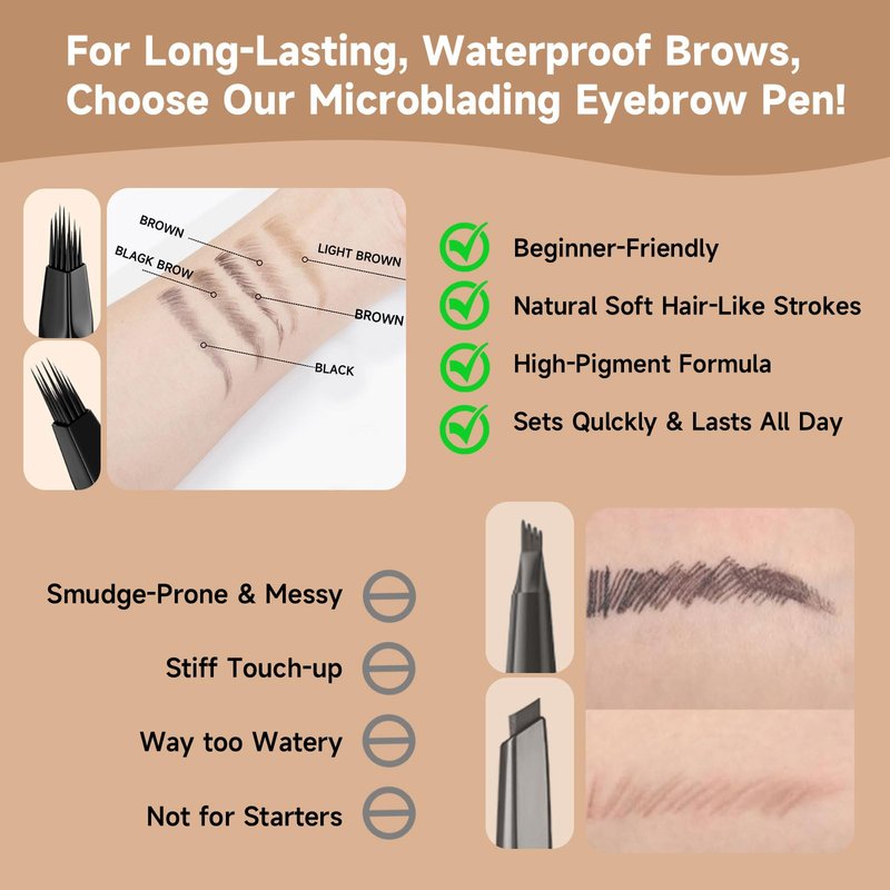 DUDUDU Eyebrow Pen for Women - Dual-Ended Microblading Pen with Multi-Prong Tip & Brow Brush, Waterproof, Creates Realistic 4D Hair-Like Strokes, Long-Lasting Dark Brown