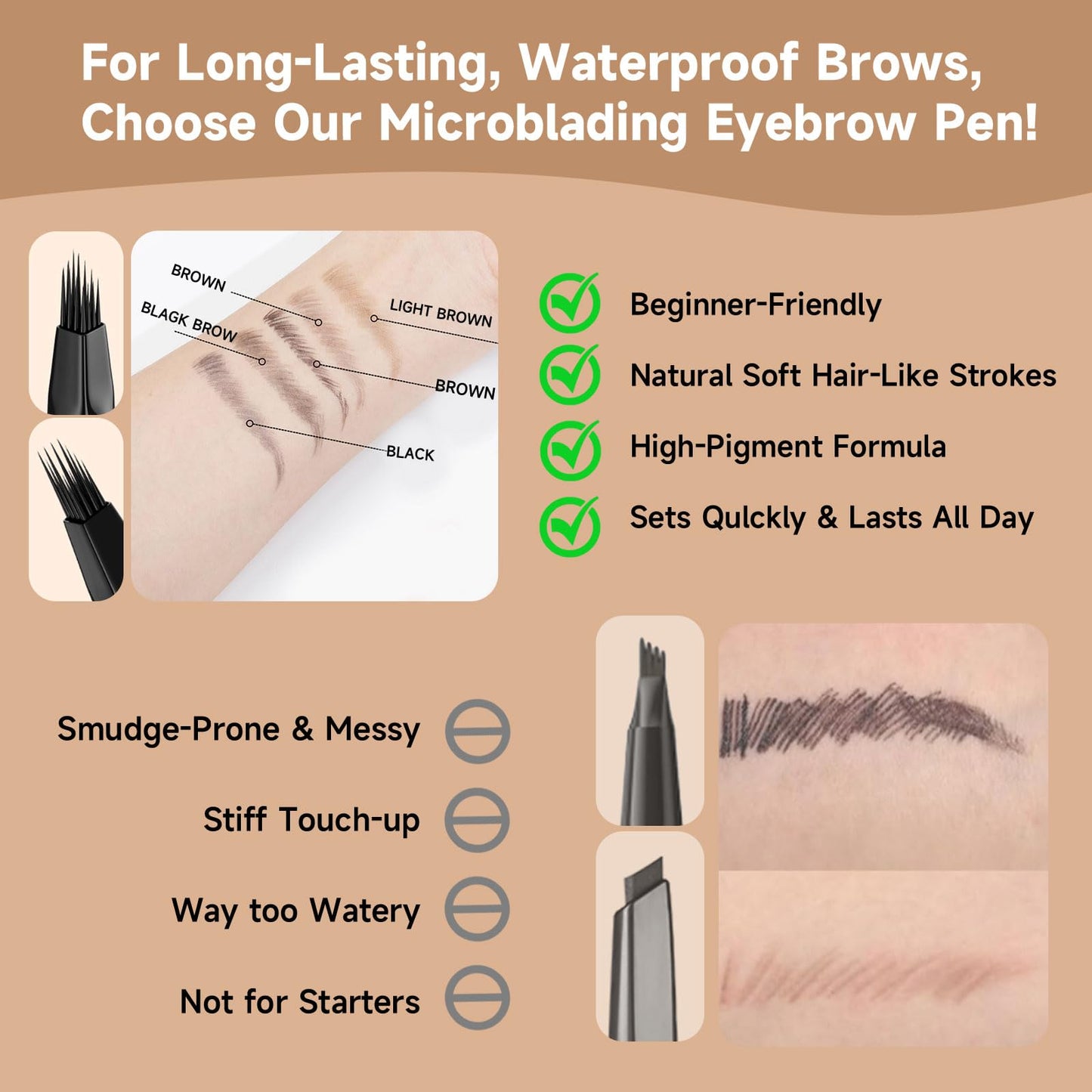 DUDUDU Eyebrow Pen for Women - Dual-Ended Microblading Pen with Multi-Prong Tip & Brow Brush, Waterproof, Creates Realistic 4D Hair-Like Strokes, Long-Lasting Dark Brown