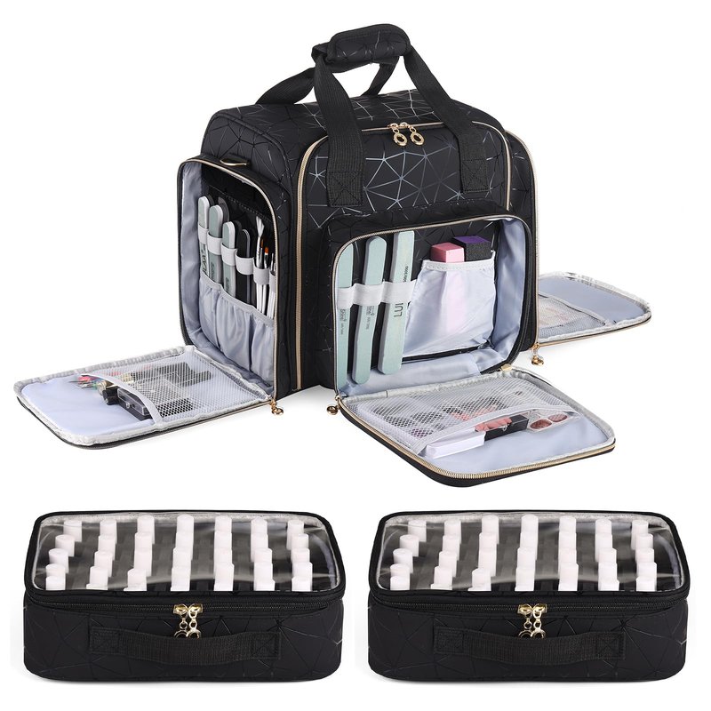 ZFZGFRCS Nail Polish Organizer Case -Holds 70 Bottles (15ml-0.5 fl.oz) and 1 Nail Lamp -Nail Storage Organizer PU Leather with 2 Separate Nail Polish Holder and Manicure Tools Storage-Black