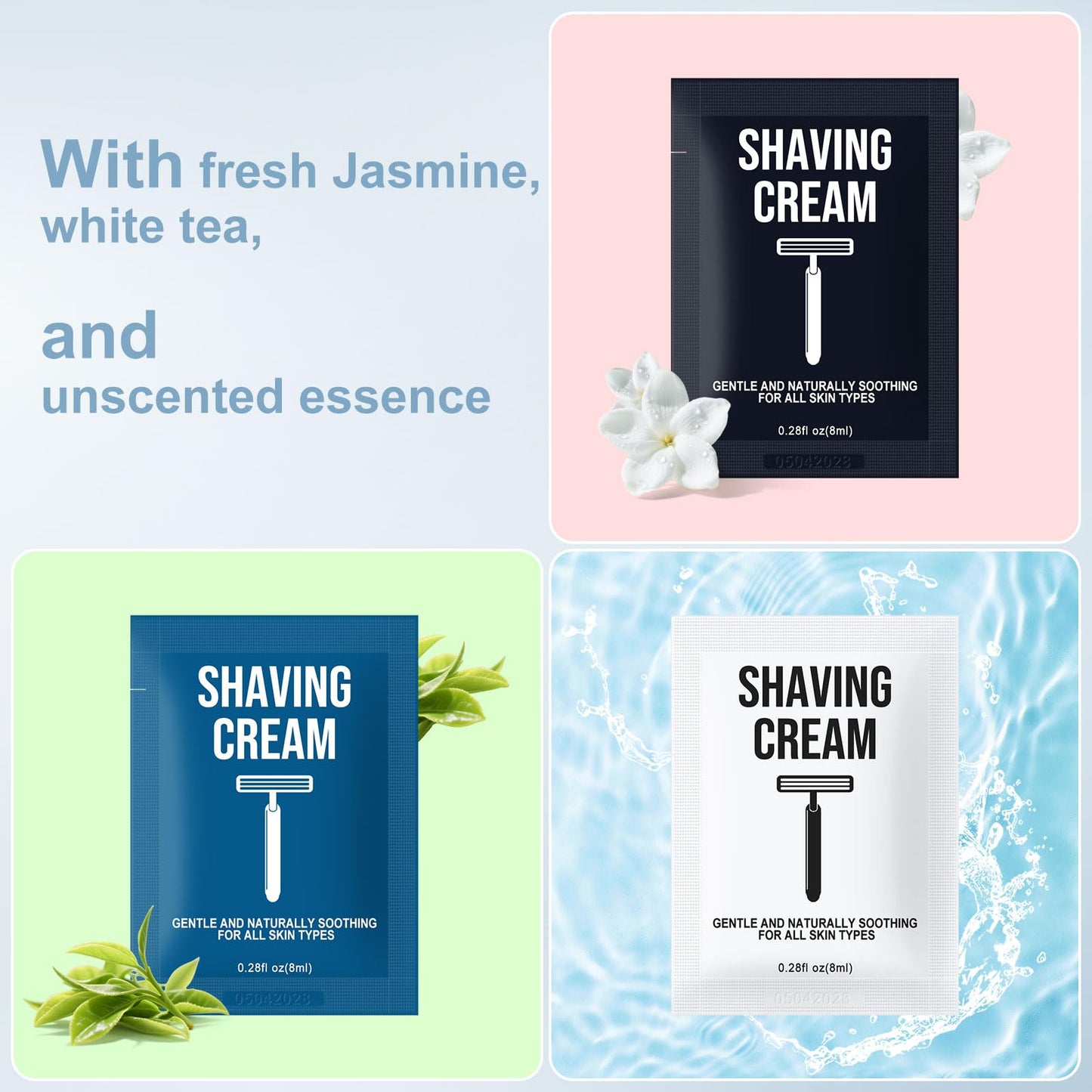 Shaving Cream Bulk Travel 8ml/0.28fl oz,Disposable Shaving Cream in Bulk Travel Shave Cream for Hotel Homeless （Jasmine, white tea and Unscented,pack of 300)