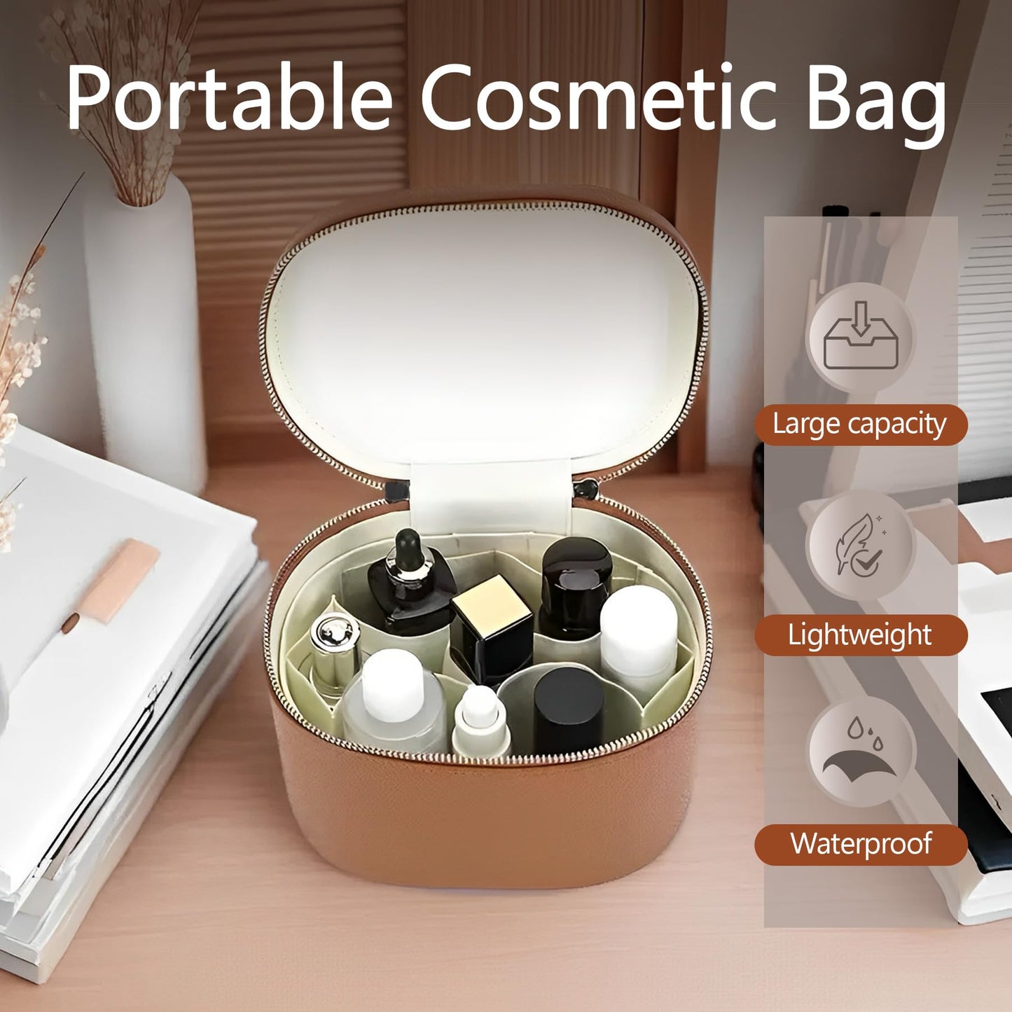 OTozuo Upgrade Makeup Bag Travel Toiletry Bag Portable Cosmetic Makeup Organizer Bag Detachable Compartments (Brown-retro vibes style)