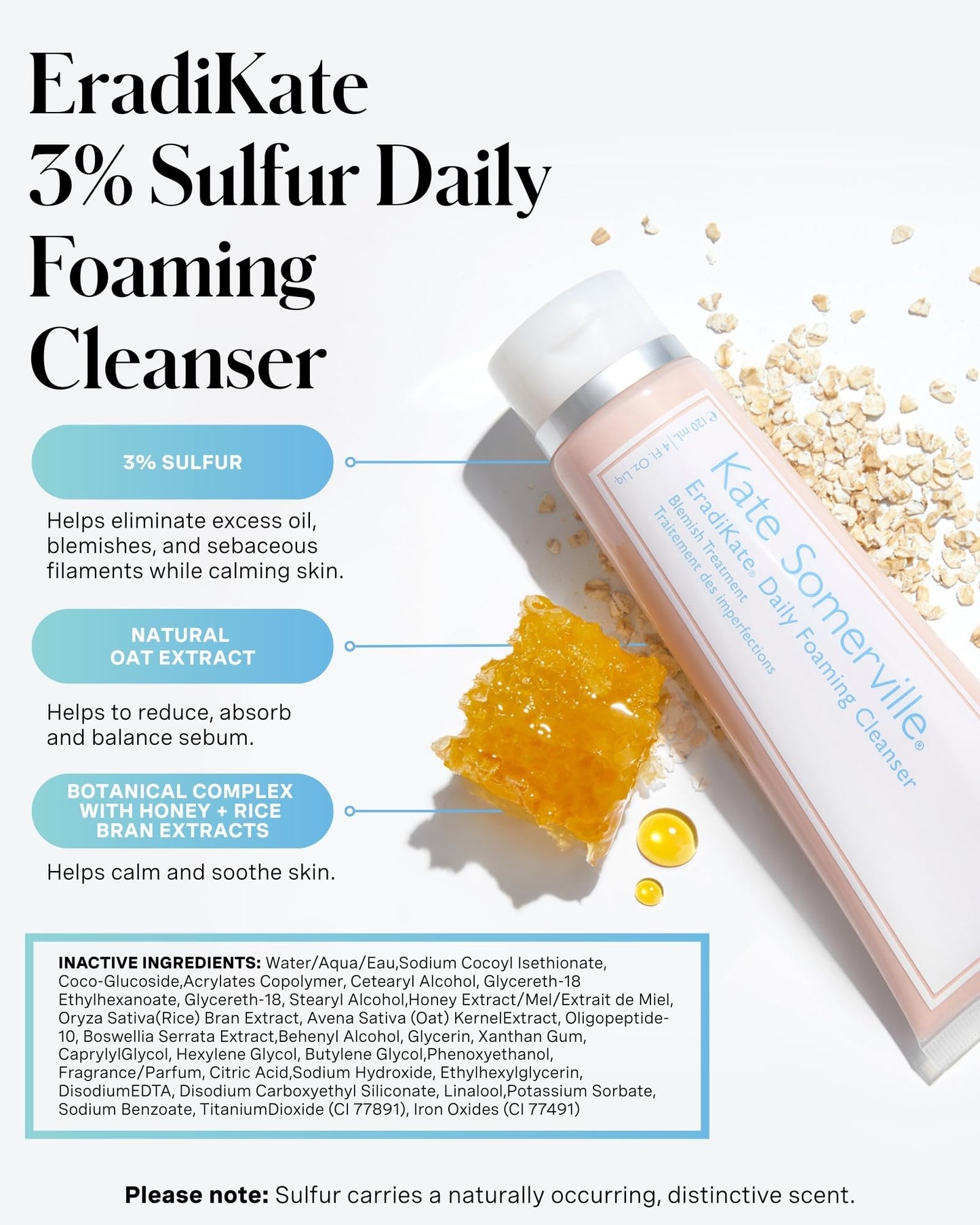Kate Somerville EradiKate 3% Sulfur Daily Foaming Cleanser Acne Treatment – Clinically Formulated Medicated Face Wash Balances Skin & Cleans Pores, 4 Fl Oz