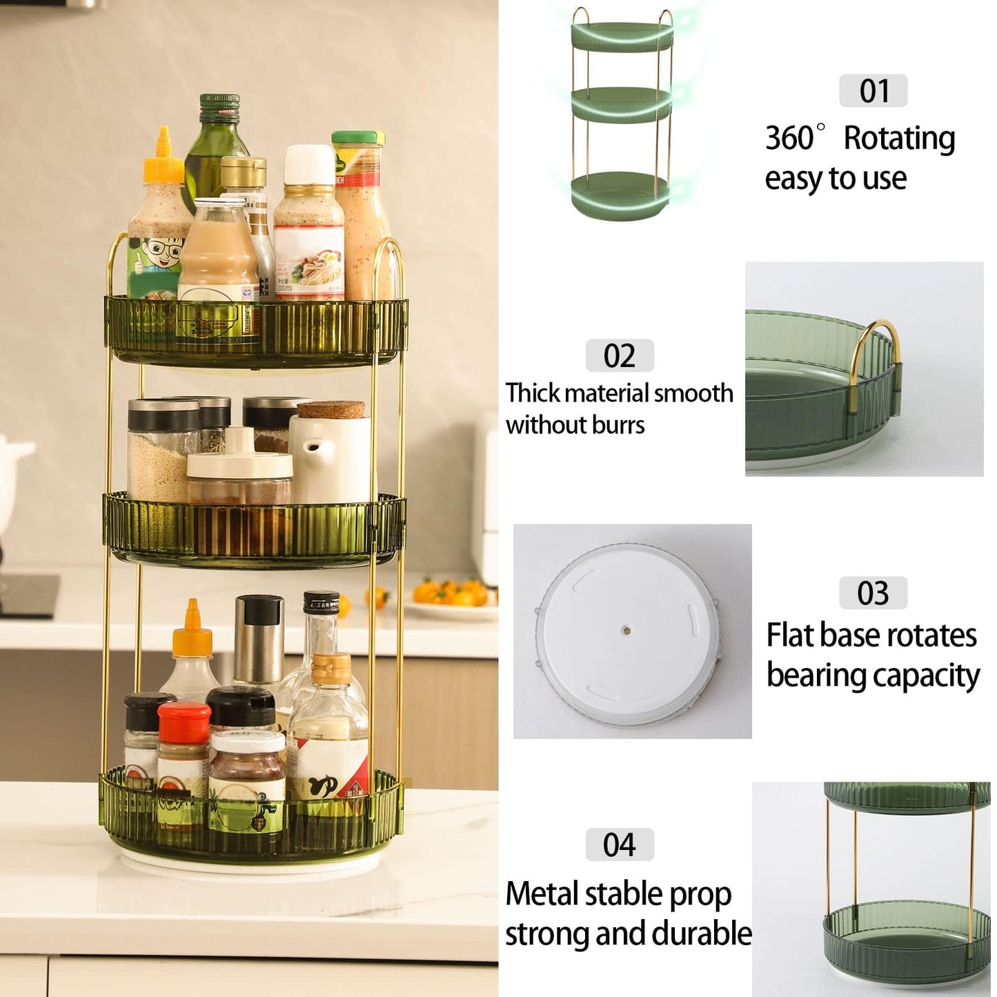Weidace 360 Rotating Makeup Organizer for Vanity, Bathroom Countertop Spinning Perfume Organizer, High-Capacity Cosmetic and Skincare Dresser Make Up Holder Rack (3 Tiers, Green)