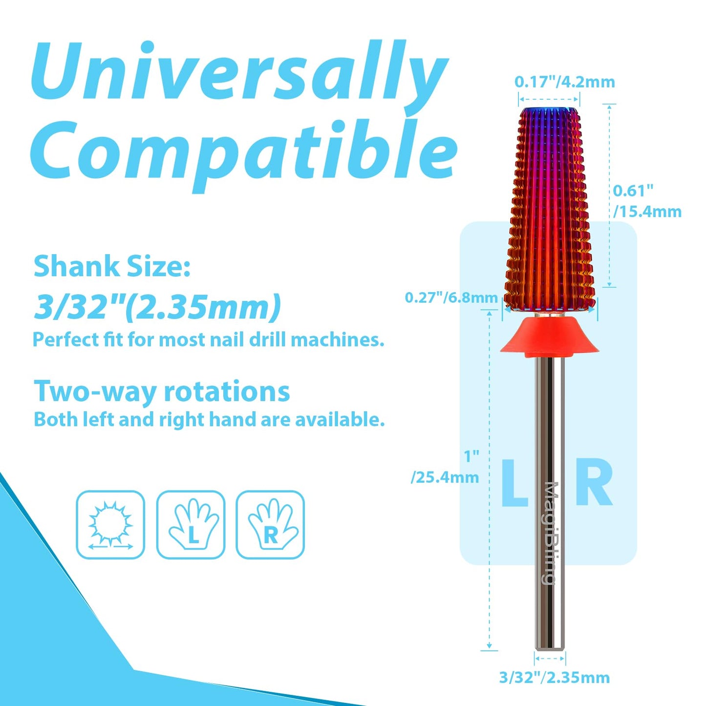 Flat Top 5-in-1 Straight Cut Nail Drill Bit, Large Tapered Barrel 3/32’’ Tungsten Carbide Efile Bit, Hard Gel Acrylic Removal Polishing, Professional Safety Left & Right Hand Bit, Extra Coarse.