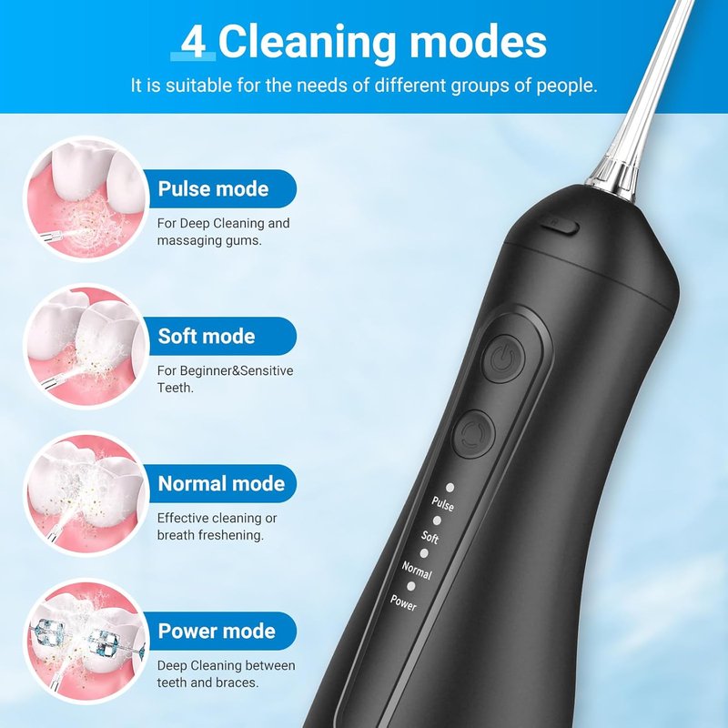 Water Flosser for Teeth - Portable Cordless Dental Irrigator | 4 Cleaning Modes, IPX7 Waterproof, USB-C Charging, Black