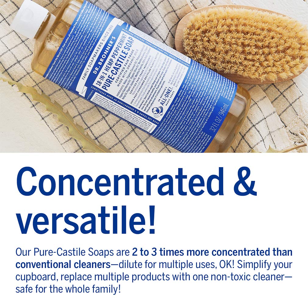 Dr. Bronner's - Pure-Castile Liquid Soap (Peppermint, 32 ounce and 2oz bundle) - Made with Organic Oils, 18-in-1 Uses: Face, Body, Hair, Laundry, Pets & Dishes, Concentrated, Vegan, Non-GMO