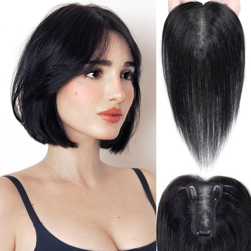 SHEIRIS Hair Toppers for Women Real Human Hair Toppers with Bangs 4.3x3.2 Inch Upgrade Swiss Lace Base Human Toppers for Women with Thinning (#Natural Black, 10inch)