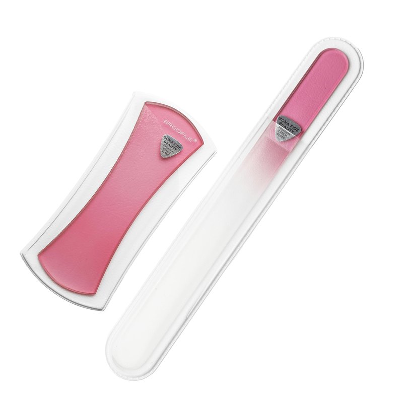 Glass Nail File Set by Bona Fide Beauty - Ergo File - Premium Nail Care Tools Genuine Czech Glass (Pink Bow)