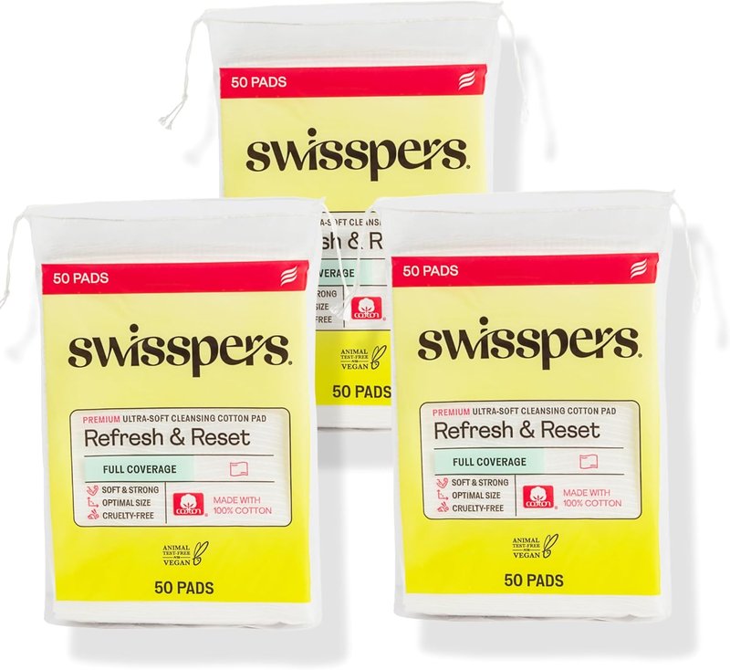 Swisspers Facial Cleansing Cotton Pads - Ultra-Soft Natural Fiber | Cruelty-Free Skincare Squares (50 Count, 3 Pack)