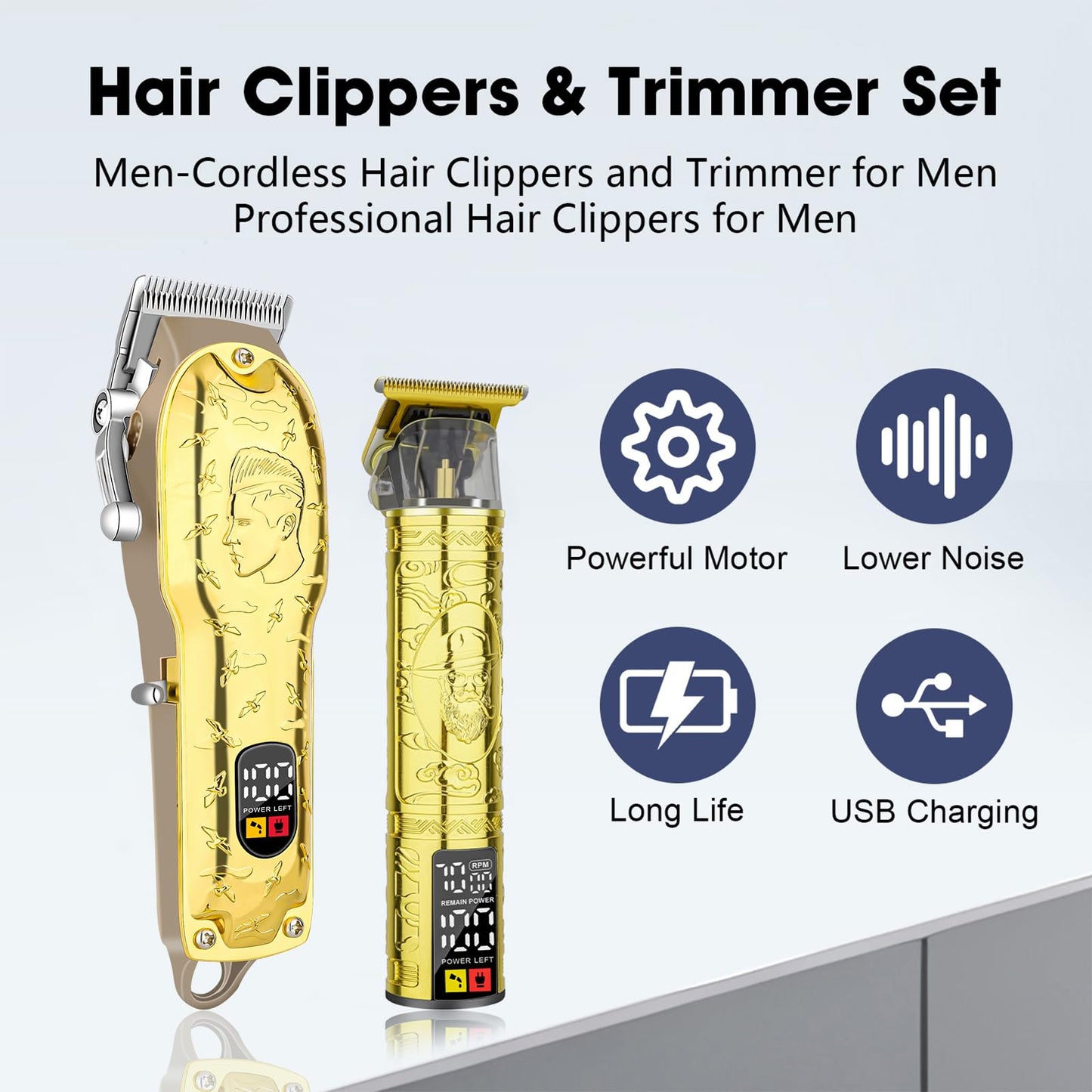 LQT Men’s Gold Hair Clippers, Cordless Professional Barber Clippers & Trimmers with LED Display, Long Runtime, Electric Grooming Kit for Haircuts & Beard Trimming,Gift for Husband, Father, Boyfriend