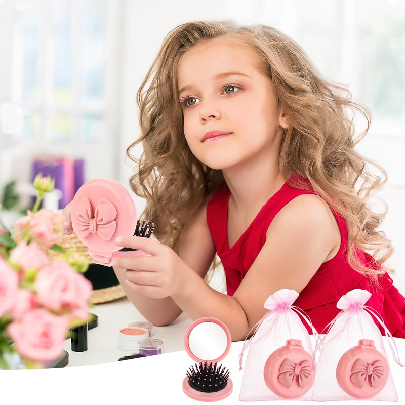 XEQWZVFR 20Sets Pink Bow Party Favors Pink Coquette Bow Mini Hair Brushes Folding Mirror Coquette Detangler Brush Round Compact Massage Scalp Comb with Organza Bags for Women Travel Team Gifts