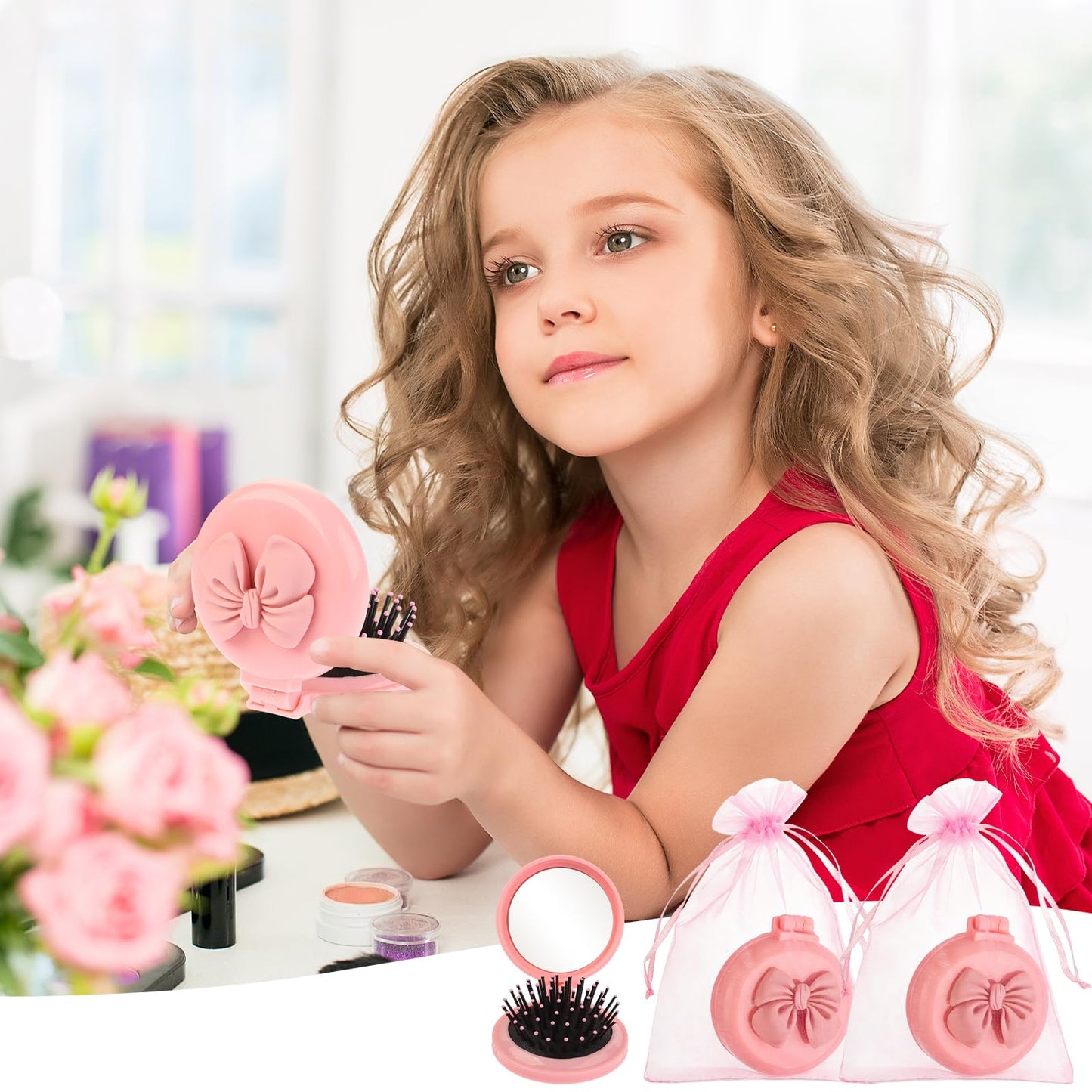 XEQWZVFR 20Sets Pink Bow Party Favors Pink Coquette Bow Mini Hair Brushes Folding Mirror Coquette Detangler Brush Round Compact Massage Scalp Comb with Organza Bags for Women Travel Team Gifts