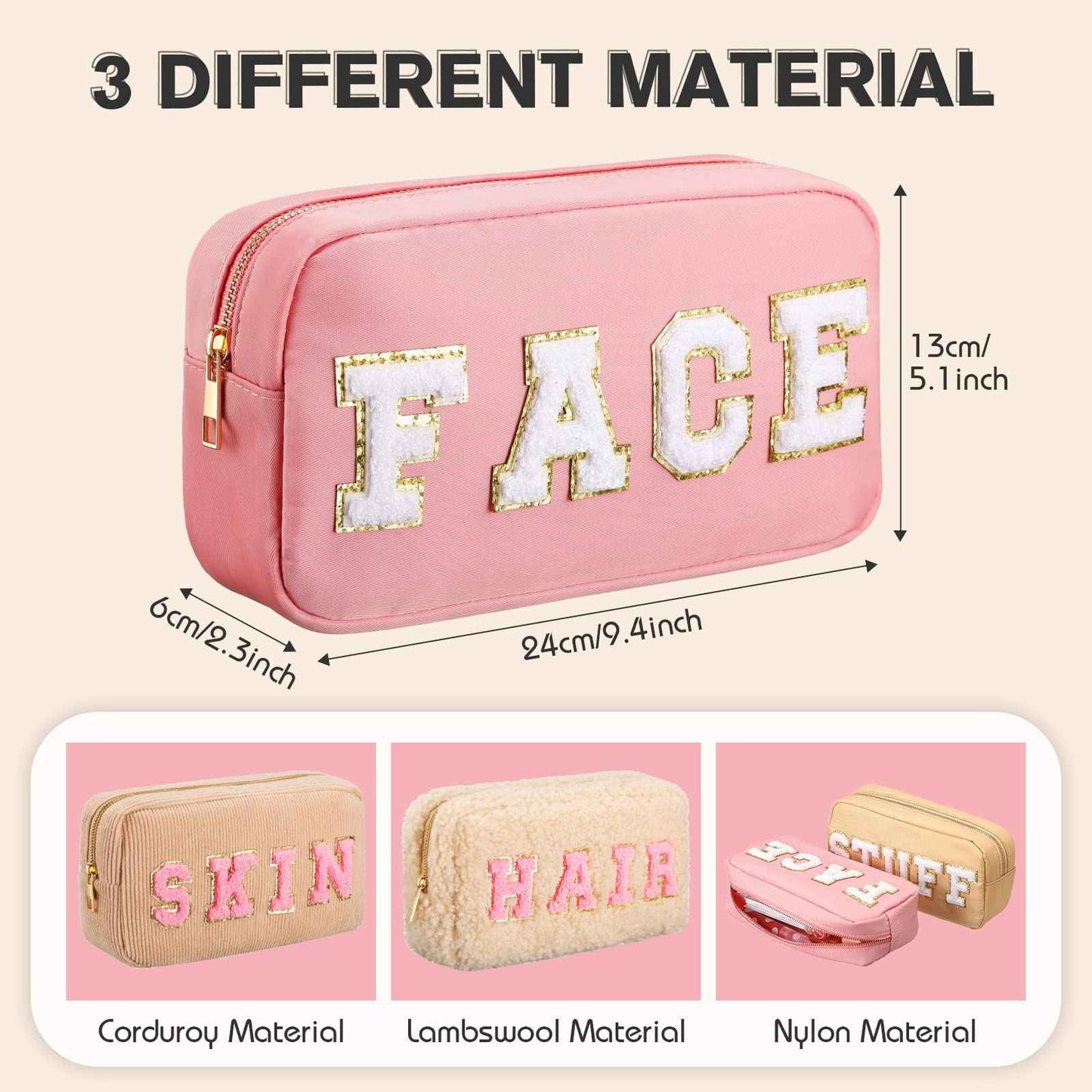 Kajaia 4 Pcs Preppy Makeup Bags Chenille Letter Bag Hair Face Skin Stuff Cosmetic Pouch Cases for Women Travel Toiletry Spend The Night(Simple Color,Charming)