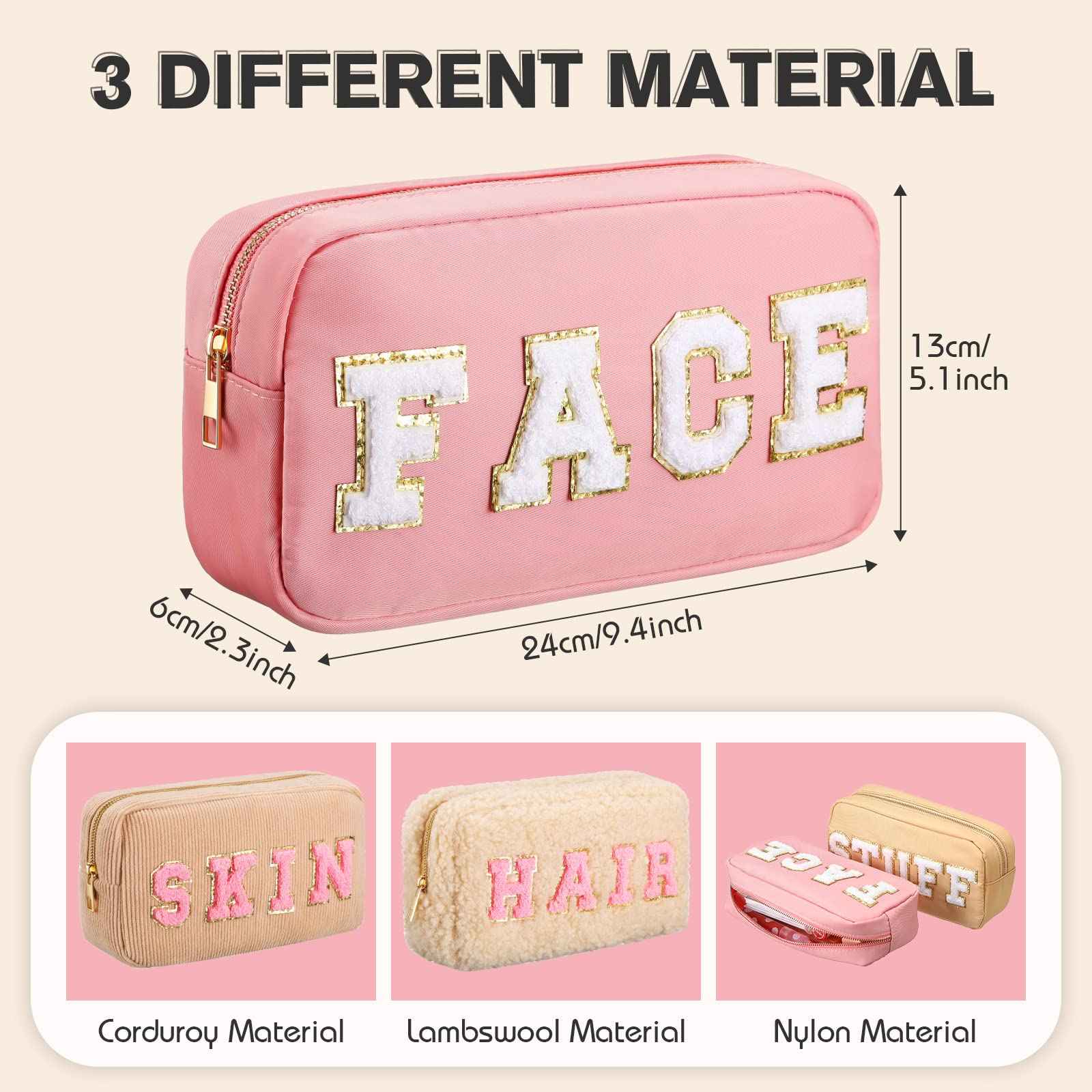 Kajaia 4 Pcs Preppy Makeup Bags Chenille Letter Bag Hair Face Skin Stuff Cosmetic Pouch Cases for Women Travel Toiletry Spend The Night(Simple Color,Charming)
