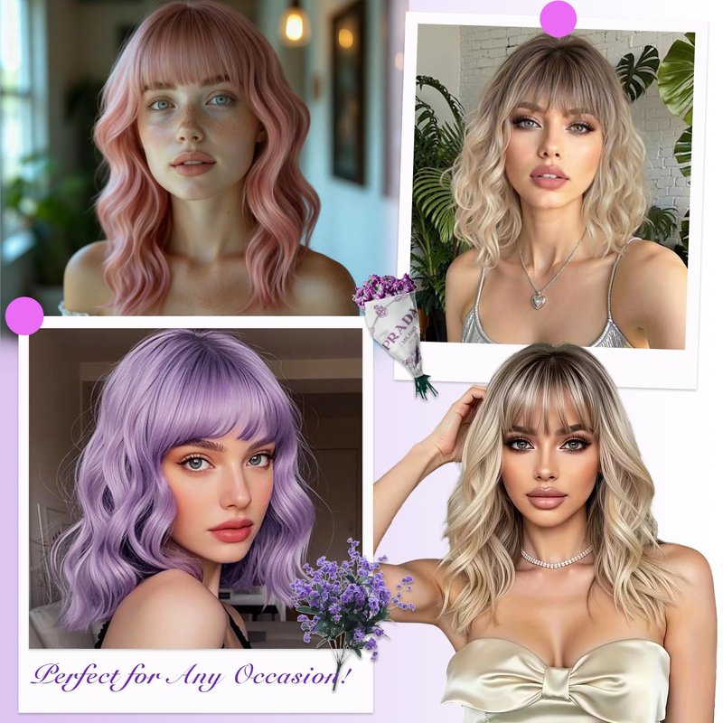 Short Wavy Wig with Bangs for Women Curly Wigs Natural Wavy Synthetic Wigs for Daily Party Cosplay (Ombre Blonde)