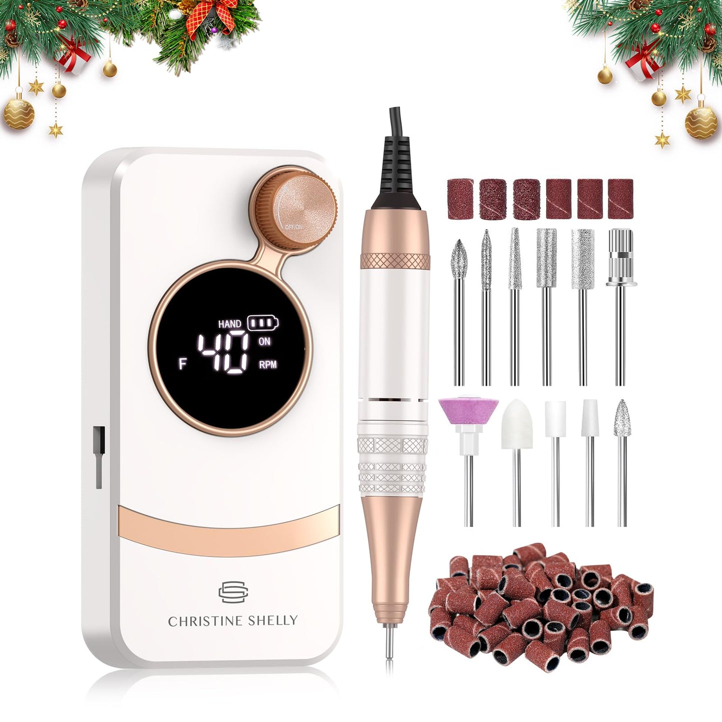 CHRISTINE SHELLY Electric Nail Drill,40000RPM Cordless Nail File Diamond with 12 Drill Bits for Acrylic Nails Gel Polishing,E File Nail Kit Machine for Manicure Salon Home (White)