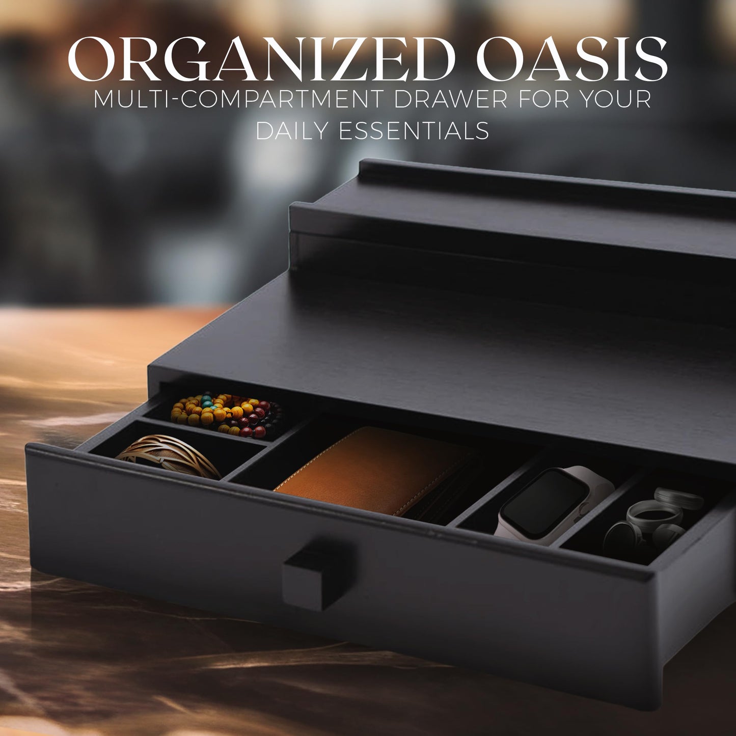 LeoNor Cologne Organizer for Men - Bamboo Cologne Shelf - Minimalist Bamboo Style w/Hidden Storage - Durable 2 Tier Black Dresser | Cologne Stand | Perfume organizer for dresser