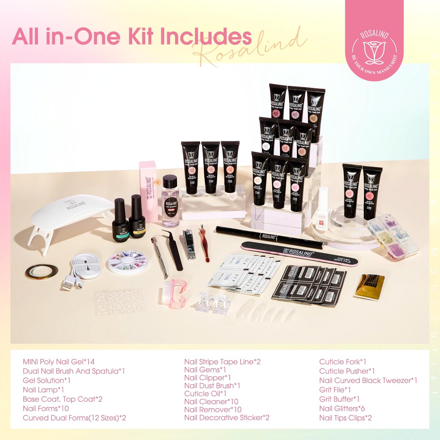 Poly Nail Gel Kit -20 Colors + 76 Nail Art Accessories ROSALIND Nude Clear Poly Nails Gel Kit Starter Kit with Slip Solution Nude Pink Nails Extensions with Mini UV Lamp