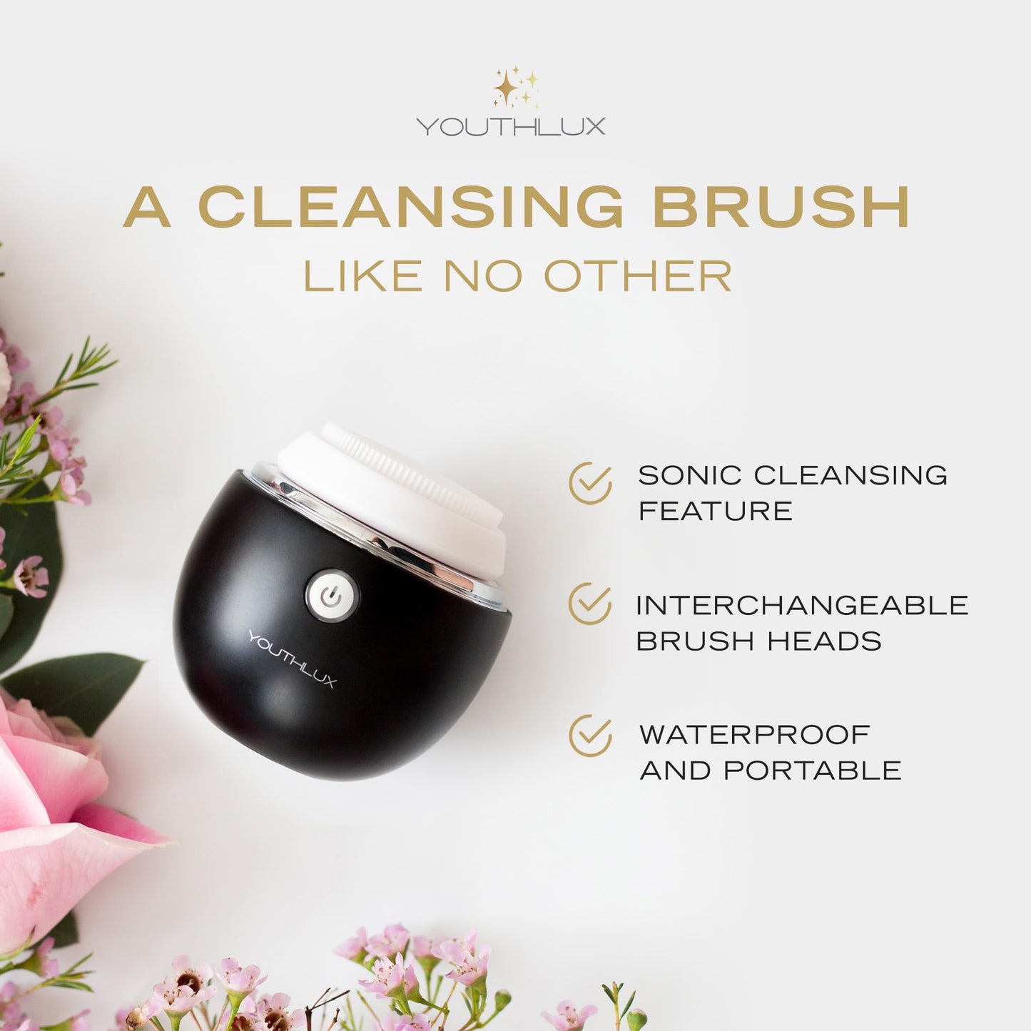 YOUTHLUX Pure Radiance, Vibrating Facial Cleansing Brush, Electric Face Scrubber, 3 Modes, 3 Brush Heads (2 Bristle,1 Silicone), Waterproof, Rechargeable, Smart Timer, Exfoliating, Massage (Black)