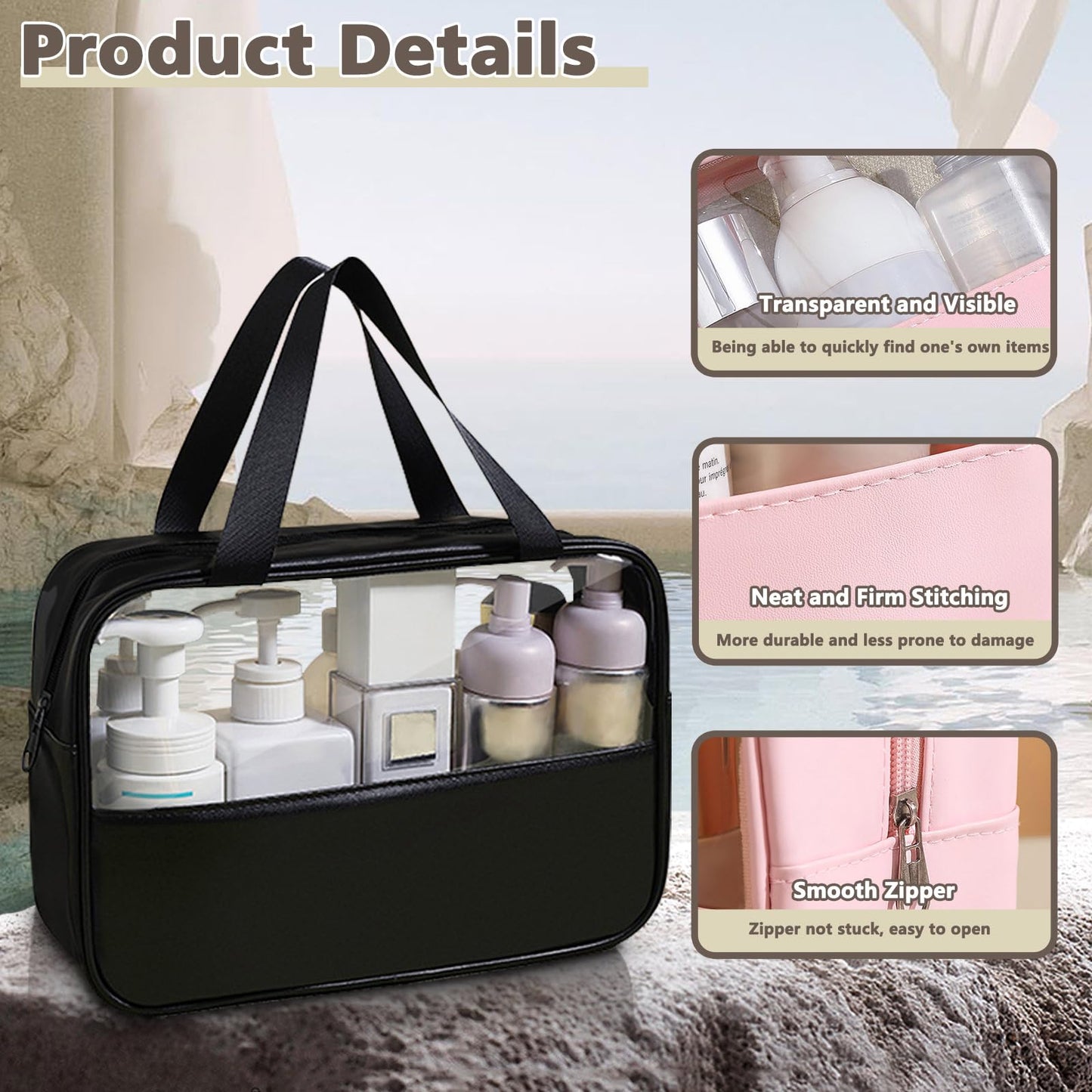 Realand Large Clear Toiletry Bags for Traveling, 4Pcs Waterproof Clear Travel Bags for Toiletries Women Men, Travel Toiletry Bag Set, Transparent Makeup Cosmetic Bag, Black