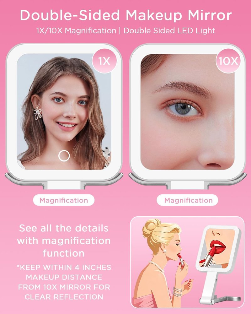EAONE Magnifying Makeup Mirror with LED Light - Double-Sided 10X/1X, Dimmable Touch Screen, Travel-Friendly, Silver (10.3 x 5.2 in)
