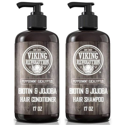 Viking Revolution Biotin Mens Shampoo and Conditioner Set - Eucalyptus Shampoo and Conditioner Set with Jojoba and Mint Oil - Peppermint Oil Hair Conditioner for Men (17 Oz)