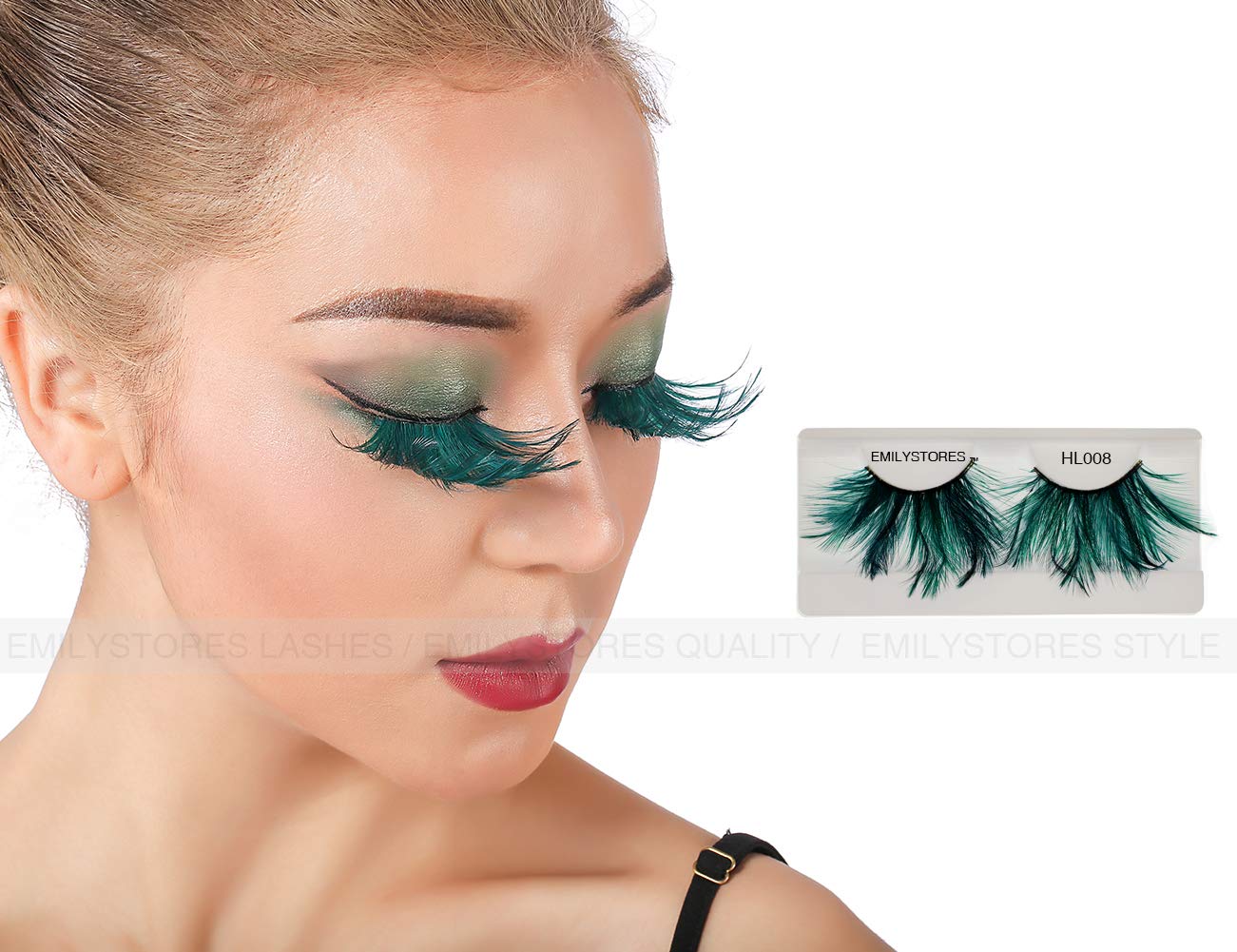 EMILYSTORES Green Faux-Feather Costume Eye Lashes For Halloween, Dramatic Eyelashes, Party Looking, 1 Pair