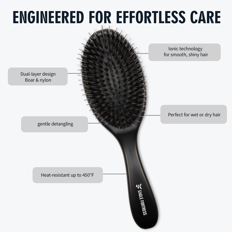 Boar Bristle Brush for Women, Men & Kids, Detangling Brush for Thick, Thinning, Dry or Wet Hair with Nylon Pins, Smooth & Shine Brush for Long Styles and Extensions – Black