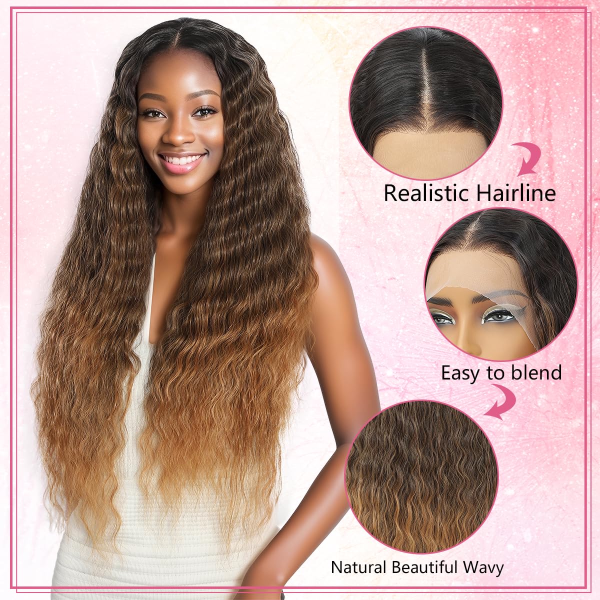 Civrie 30 Inch Lace Front Wigs Synthetic Hair Wigs for Balck Women,13x4x1 T Part Curly Lace Wigs, Ombre Light Brown Crimped Deep Wave Culrs Curly Wigs for Daliy Use, Korean Fiber Curly Wigs