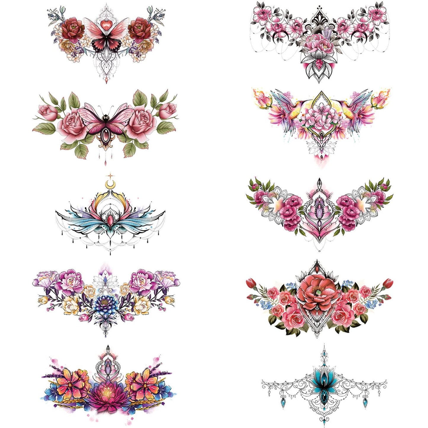 Glaryyears Chest Underboob Temporary Tattoo for Women, 10-Pack Large Floral Fake Realistic Tattoos, Long-lasting Creative Removable Tattoo Stickers, Sexy Rose Flower Tramp Stamp Sketch on Body